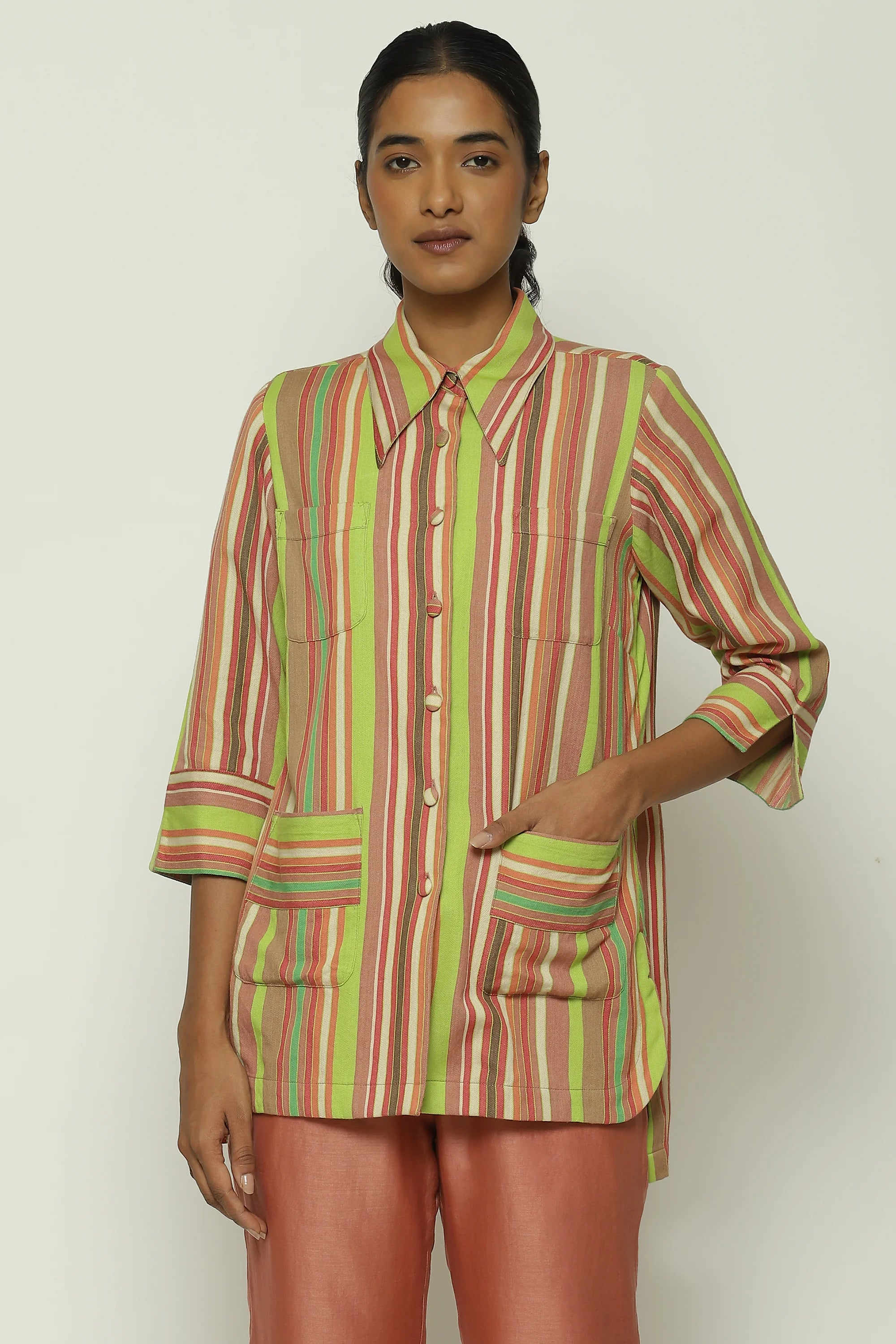 Green Multicolour Woven Stripes Shirt