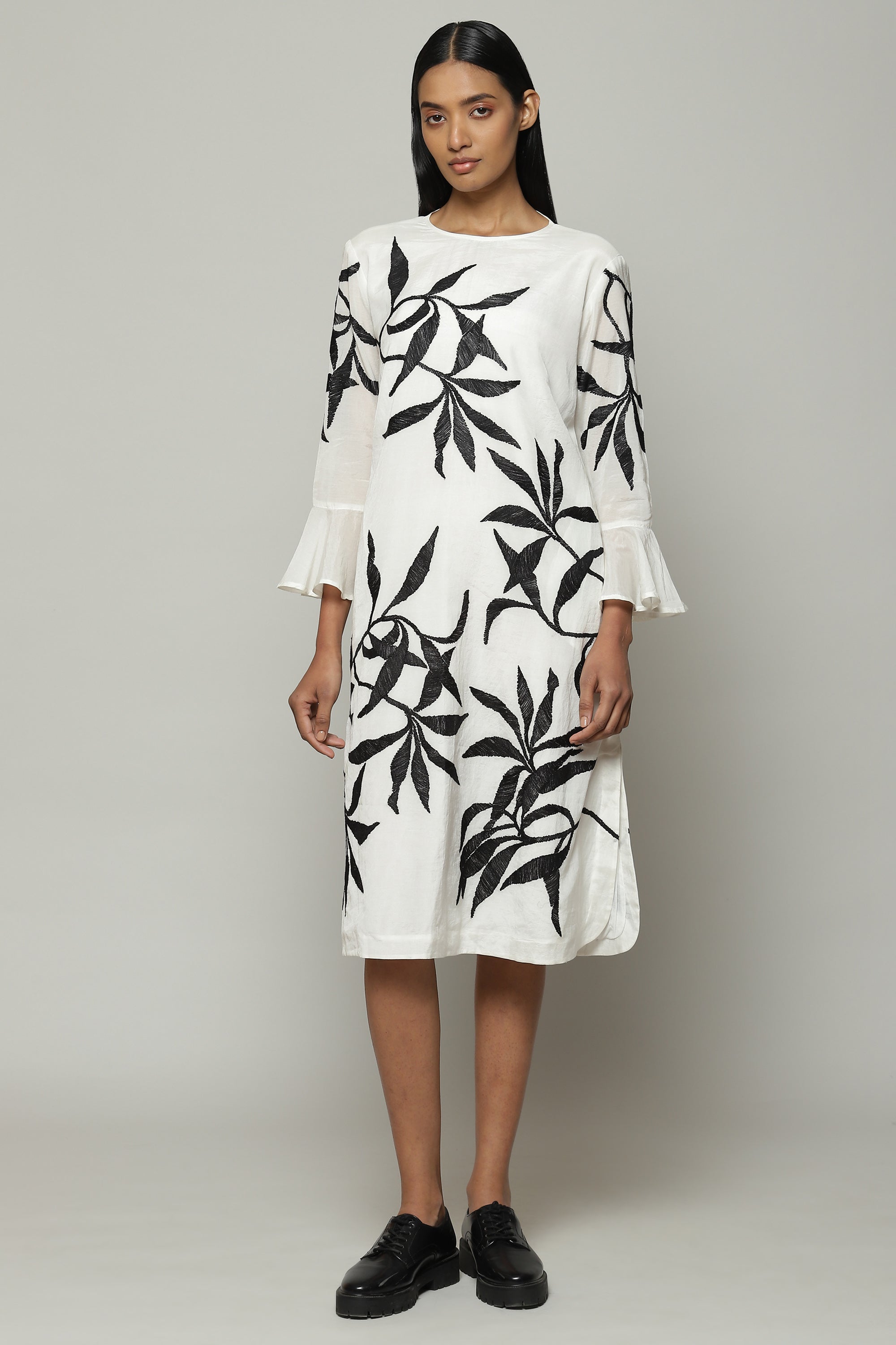Leaf Crewel Embroidered Luxe Voile Dress Ivory