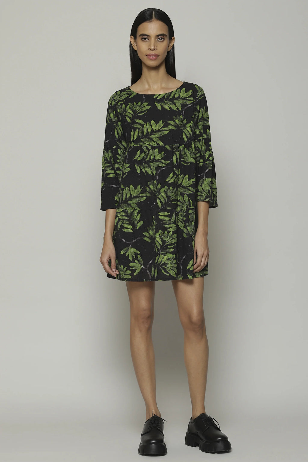 Leaf Print Handspun Handwoven Cotton Dress Black