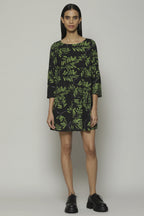 Leaf Print Handspun Handwoven Cotton Dress Black