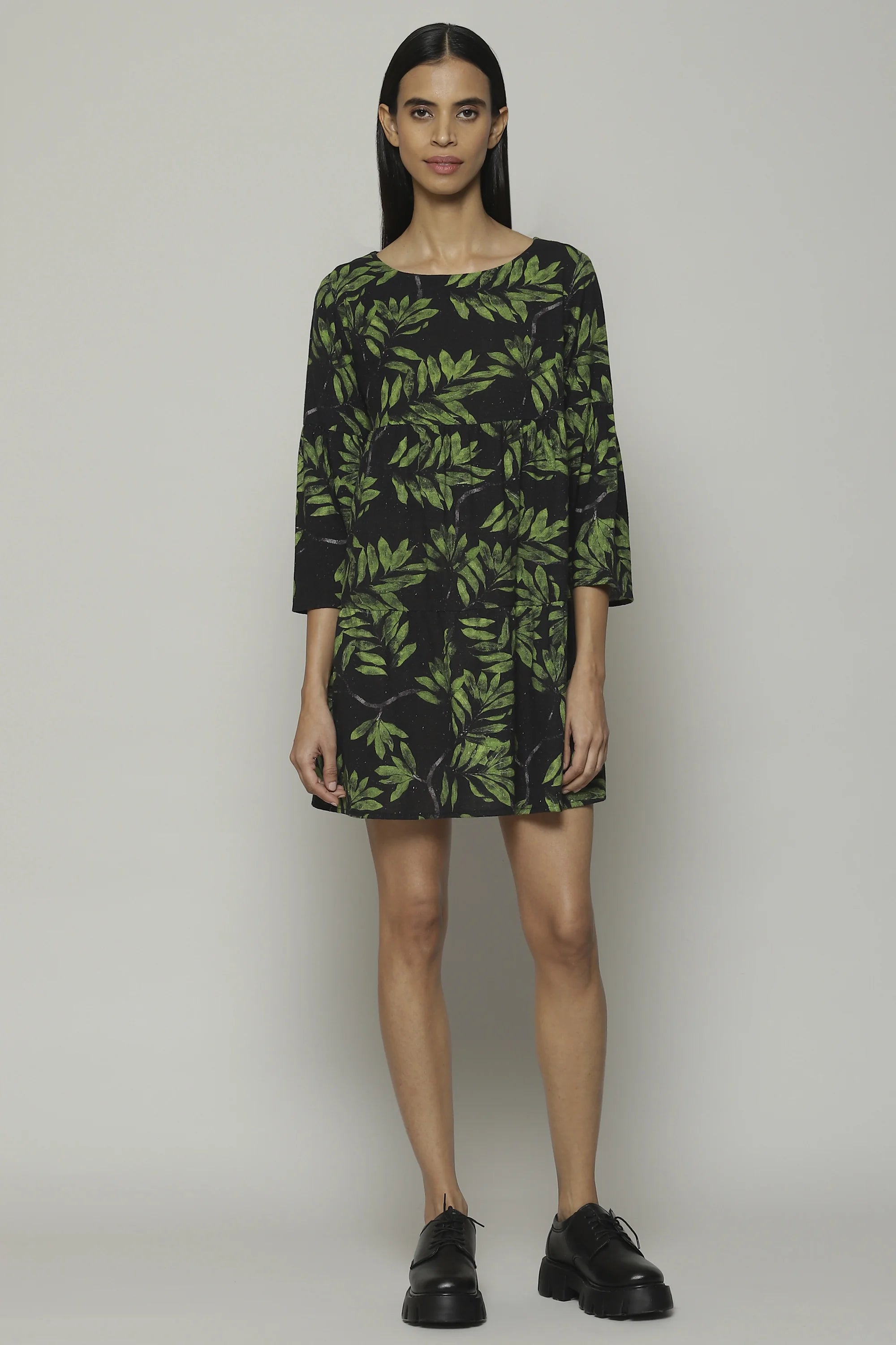 Leaf Print Handspun Handwoven Cotton Dress Black