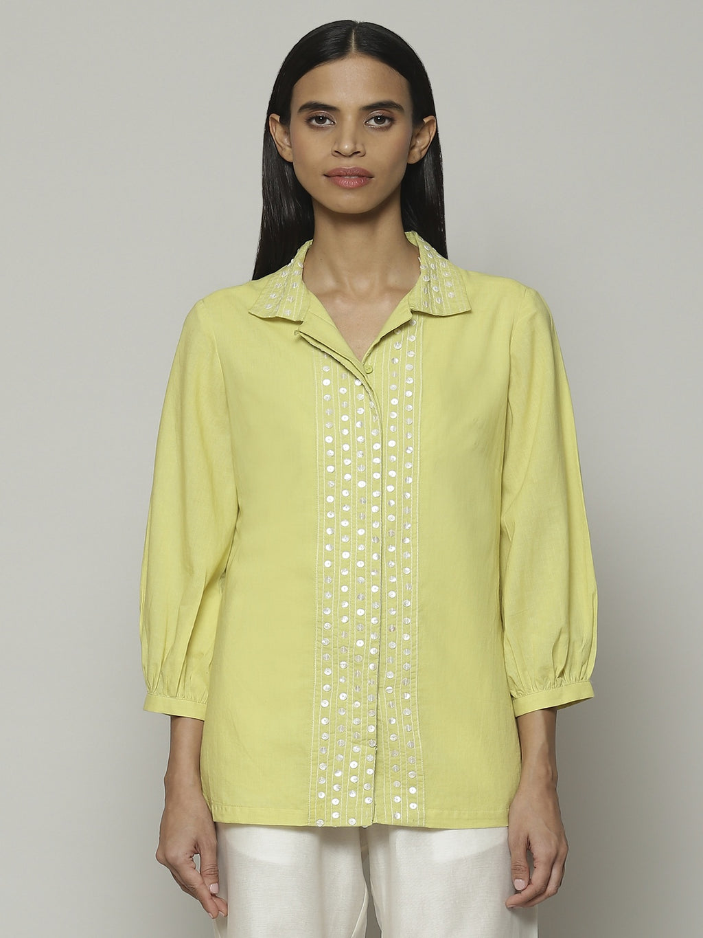 Mother Of Pearl Embroidered Cambric Shirt Lime