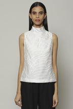 Fern Crewel Embroidered Silk X Cotton Top Ivory