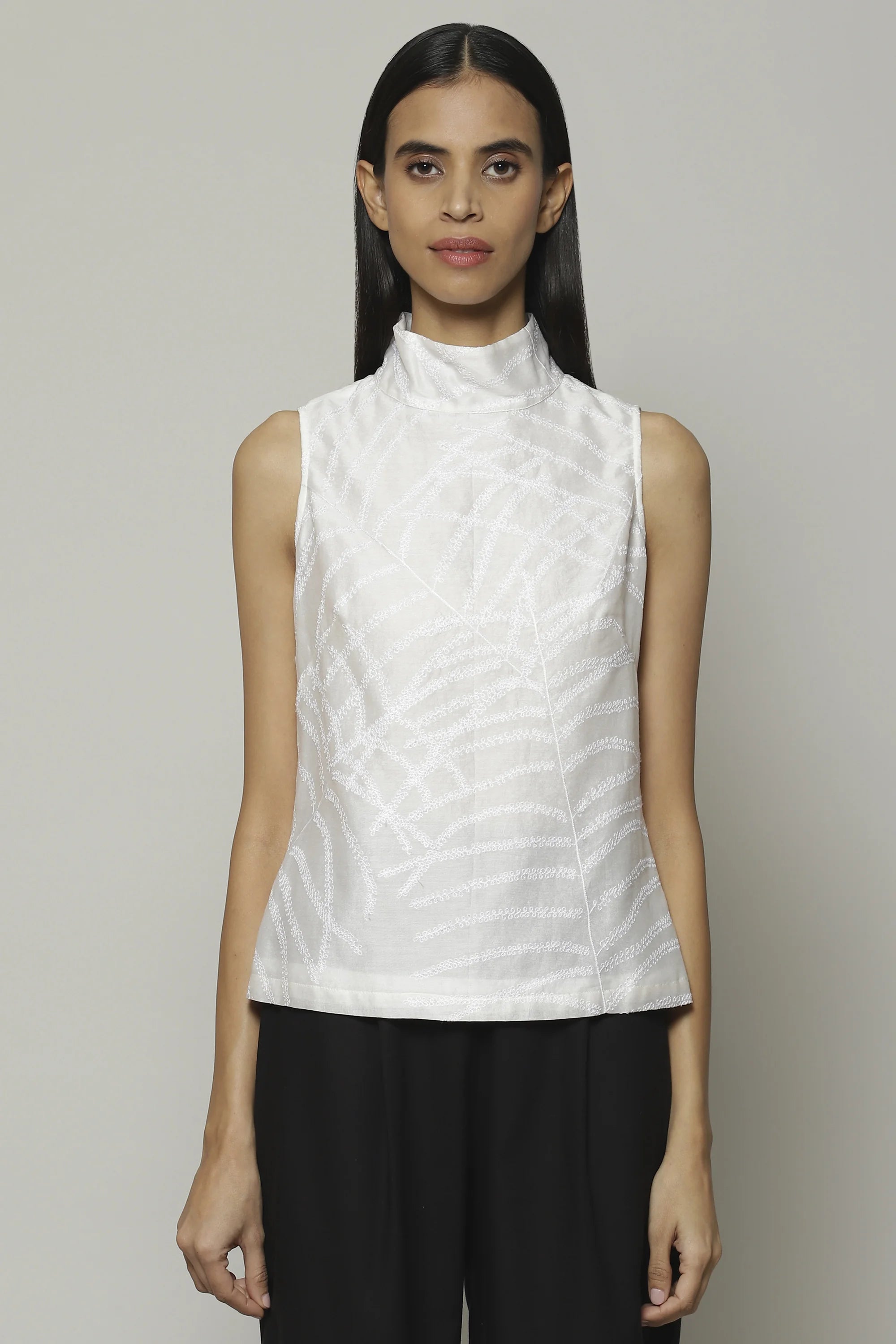 Fern Crewel Embroidered Silk X Cotton Top Ivory