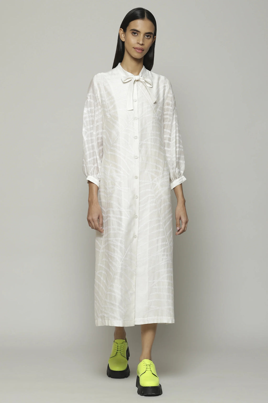 Fern Crewel Embroidered Silk X Cotton Tunic Ivory