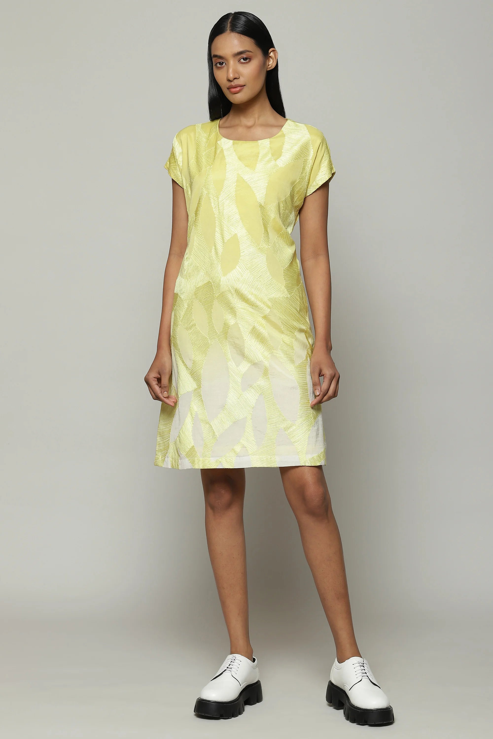 Ombre Crewel Embroidered Luxe Voile Dress Lime