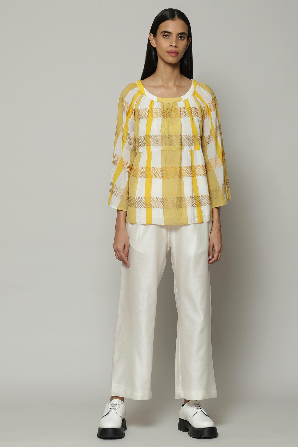 Block Printed Embroiered Luxe Voile Top Apricot