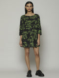 Leaf Print Handspun Handwoven Cotton Dress Black