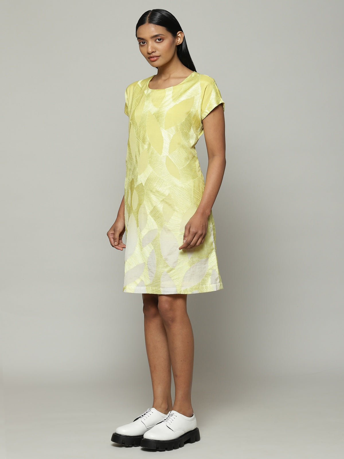 Fern Crewel Embroidered Silk X Cotton Dress Lime