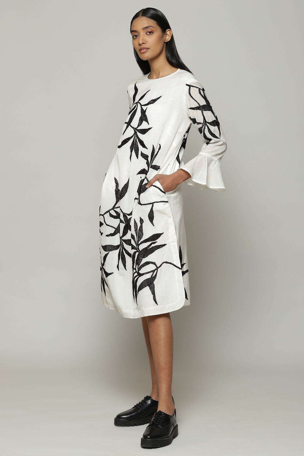Leaf Crewel Embroidered Luxe Voile Dress Ivory