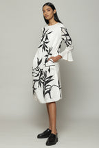 Leaf Crewel Embroidered Luxe Voile Dress Ivory