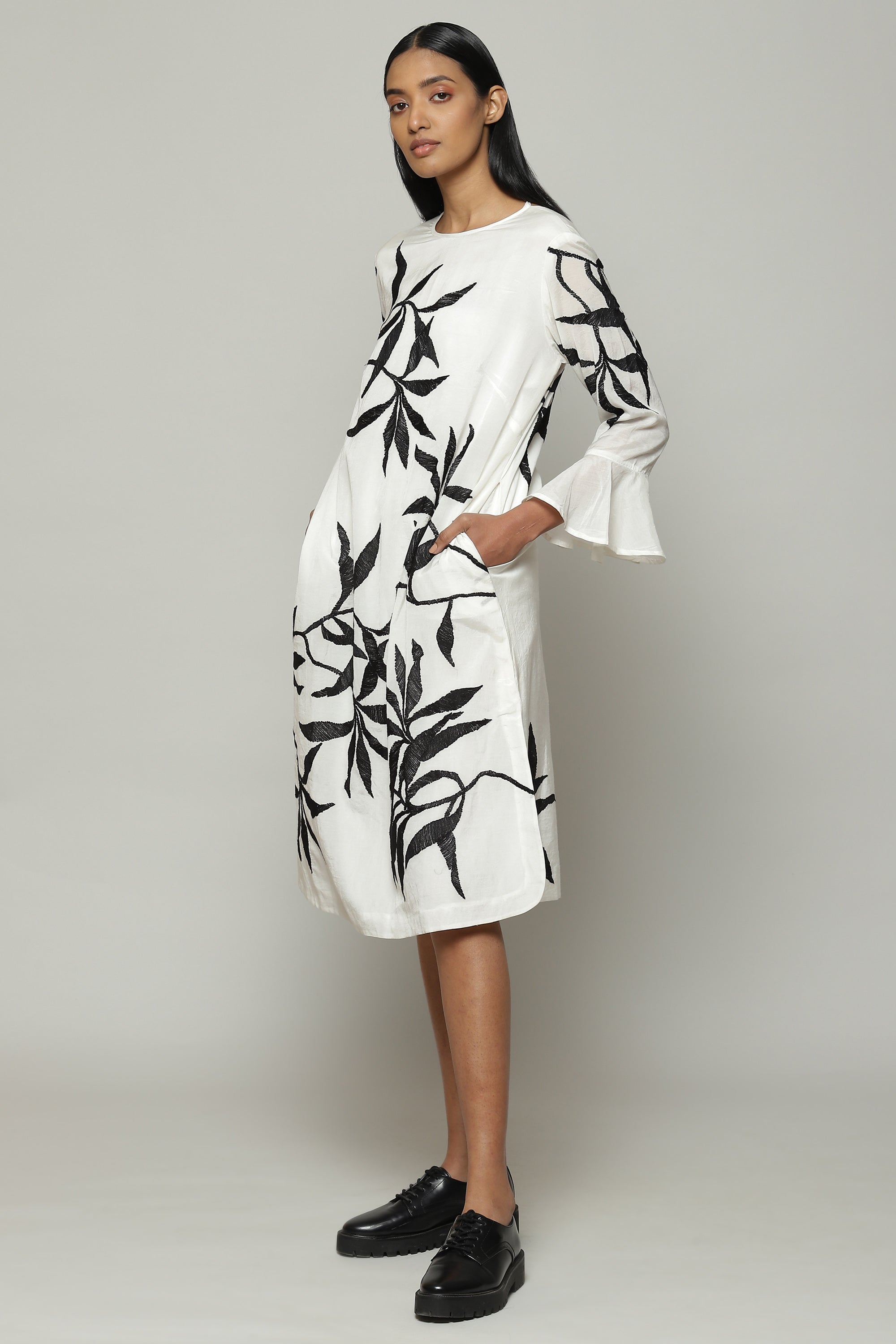 Leaf Crewel Embroidered Luxe Voile Dress Ivory