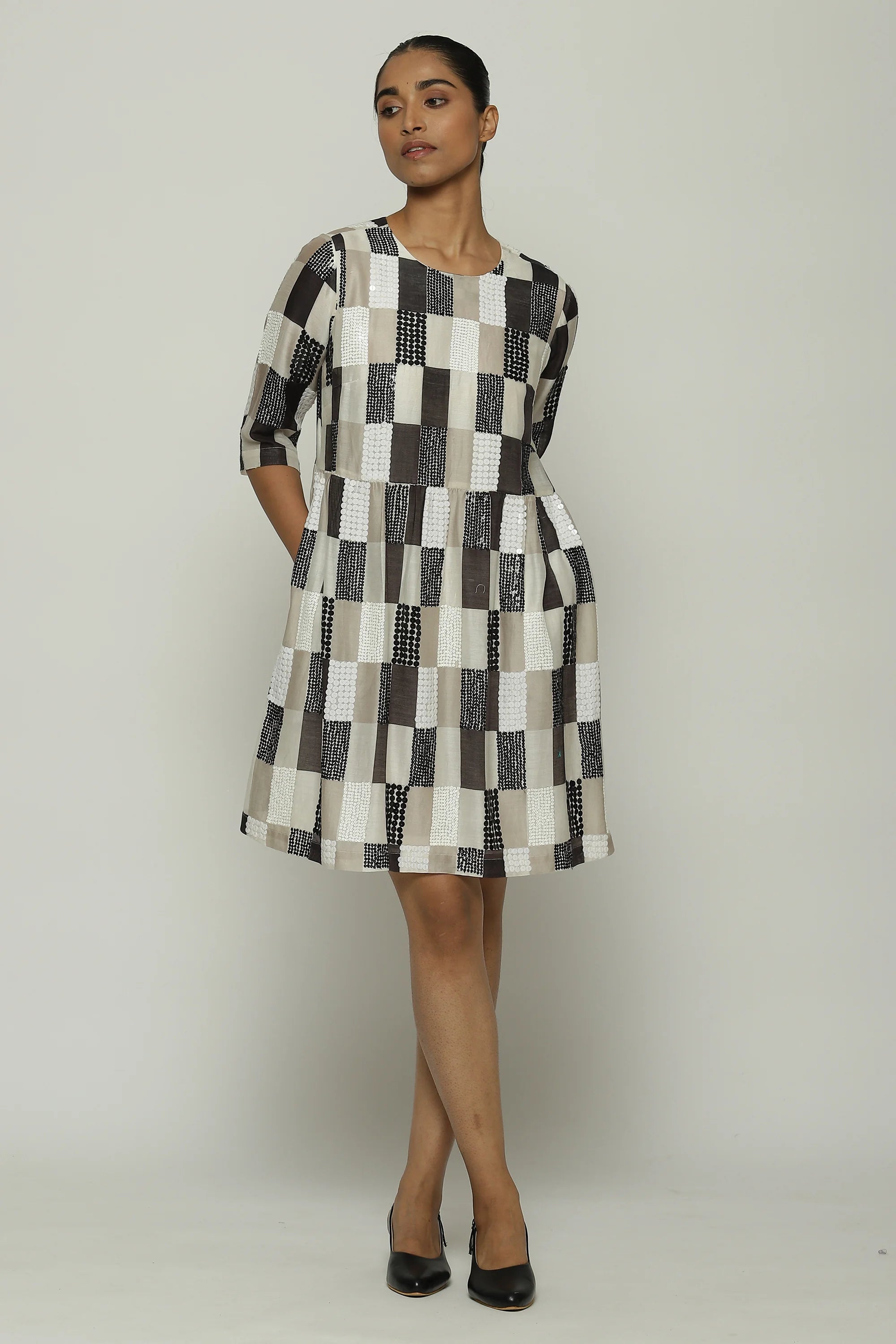Print & Sequins Blocks (B/W) Dress