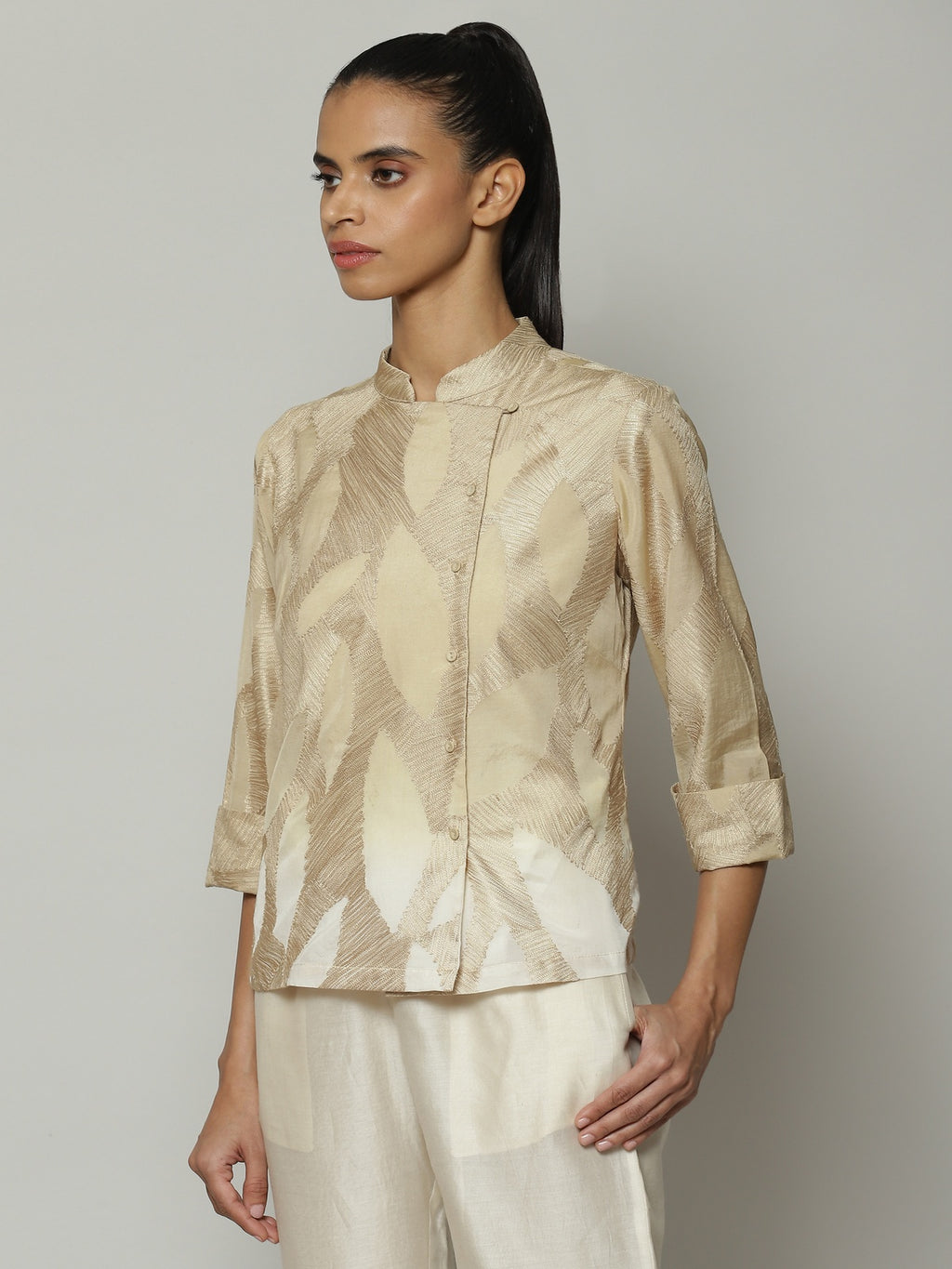 Ombre Crewel Embroidered Voile Shirt Parchment