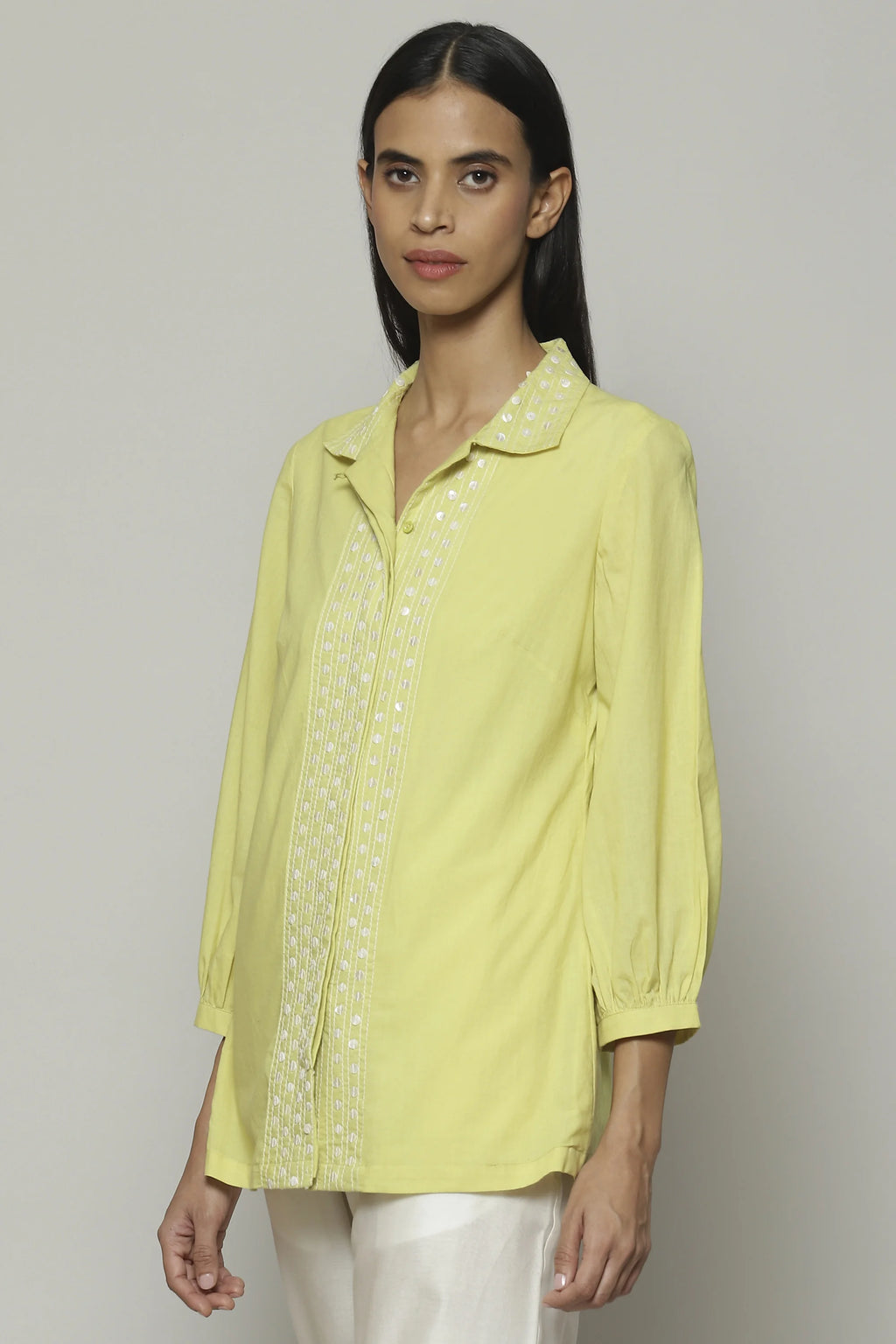 Mother Of Pearl Embroidered Cambric Shirt Lime