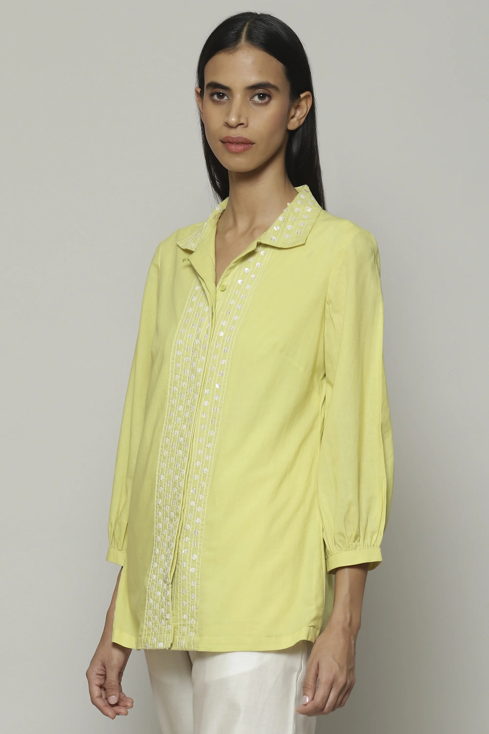 Mother Of Pearl Embroidered Cambric Shirt Lime