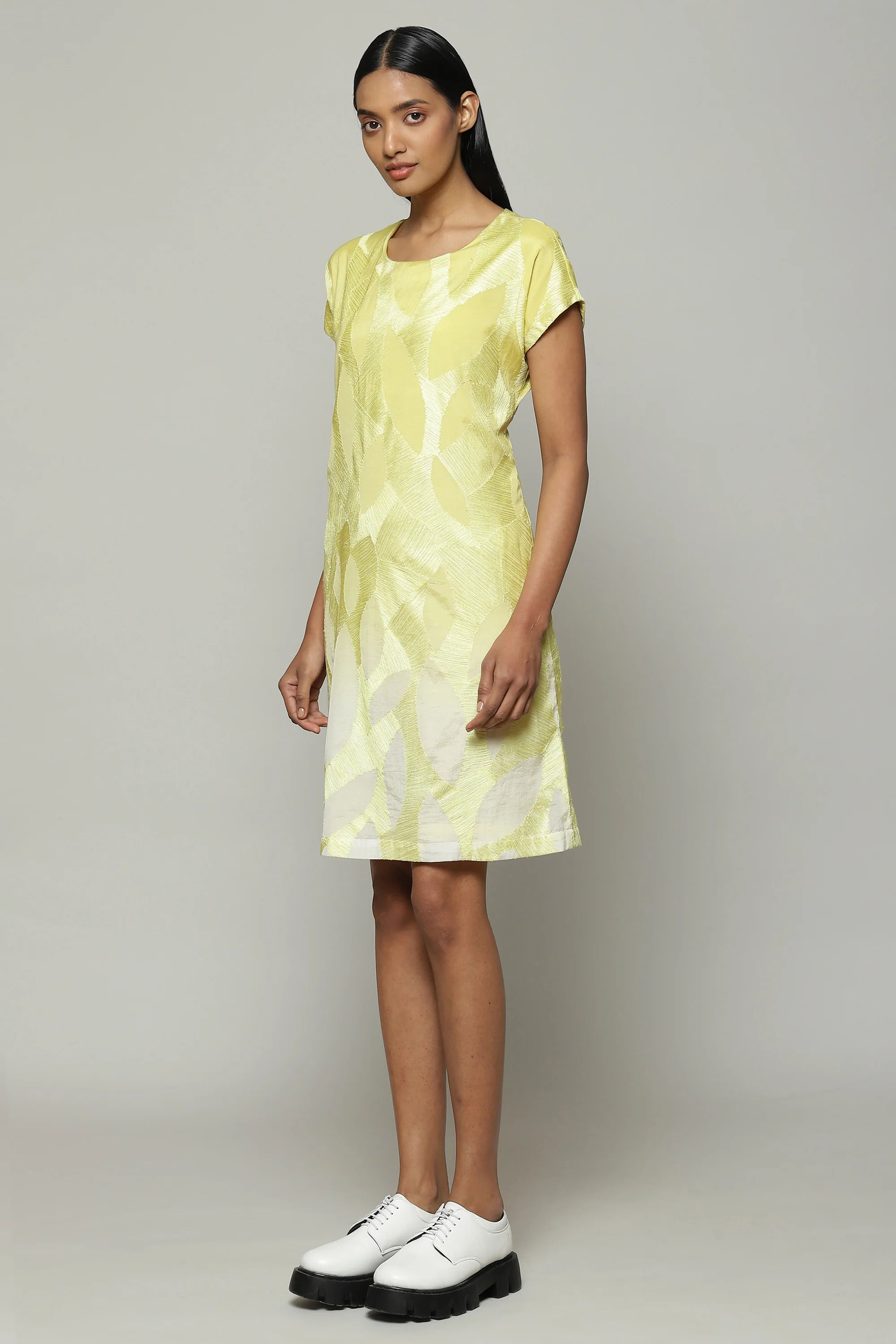 Ombre Crewel Embroidered Luxe Voile Dress Lime
