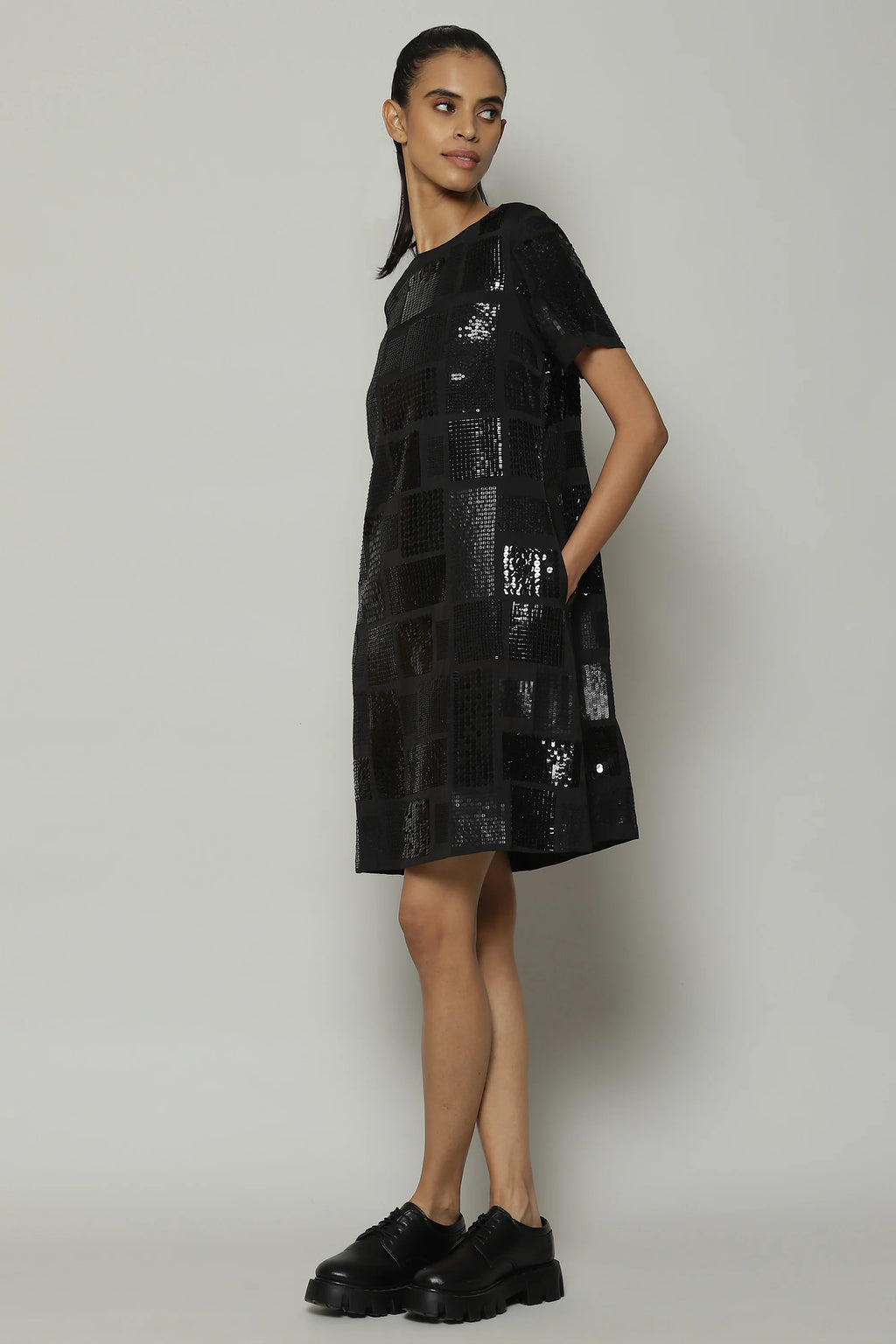 Square Sequin Luxe Voile Dress Black