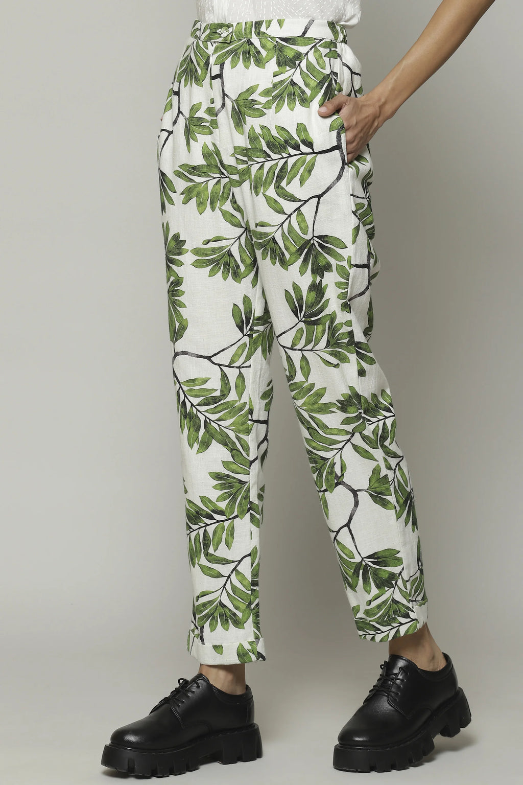 Leaf Print Handspun Handwoven Cotton Pant Ivory