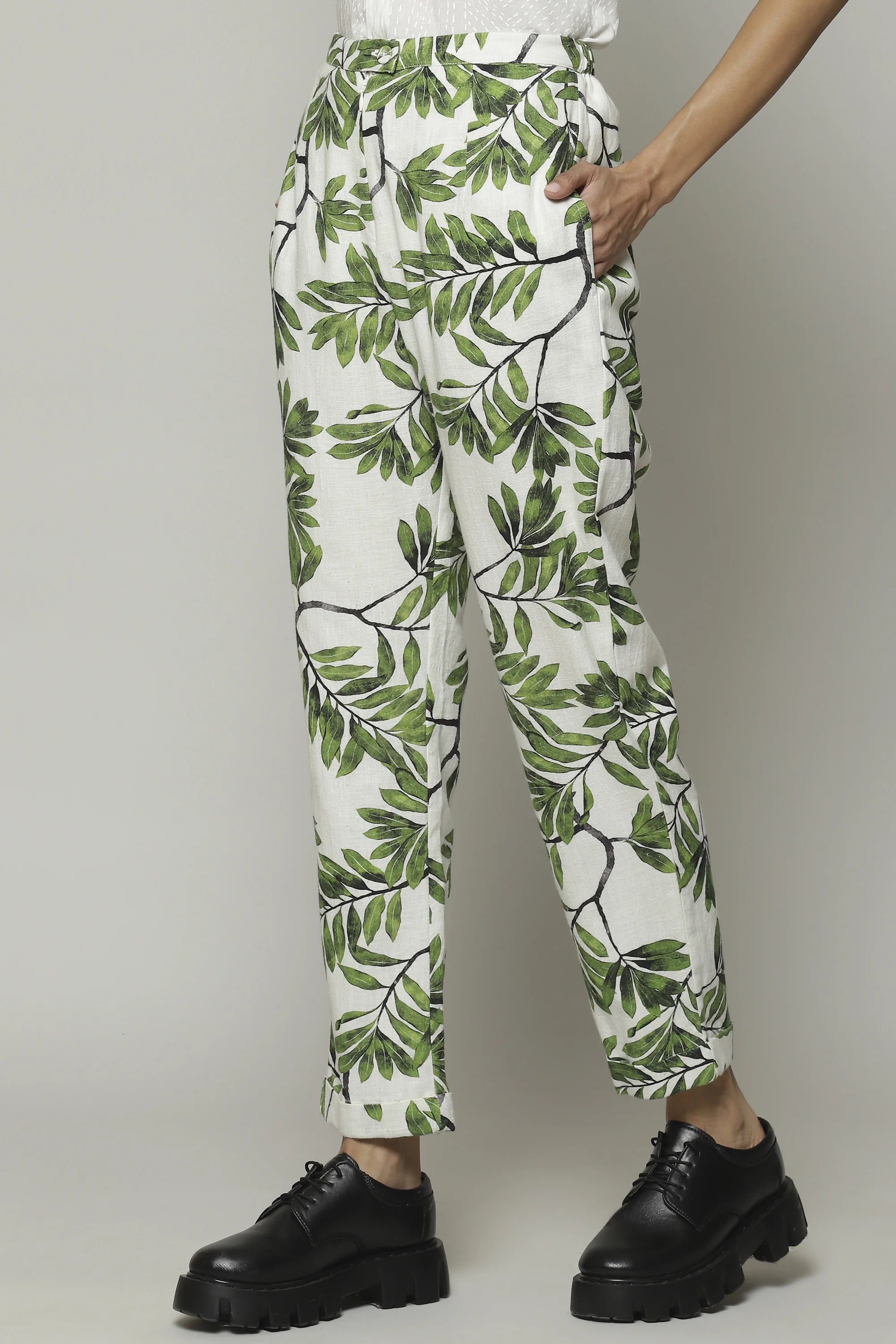 Leaf Print Handspun Handwoven Cotton Pant Ivory