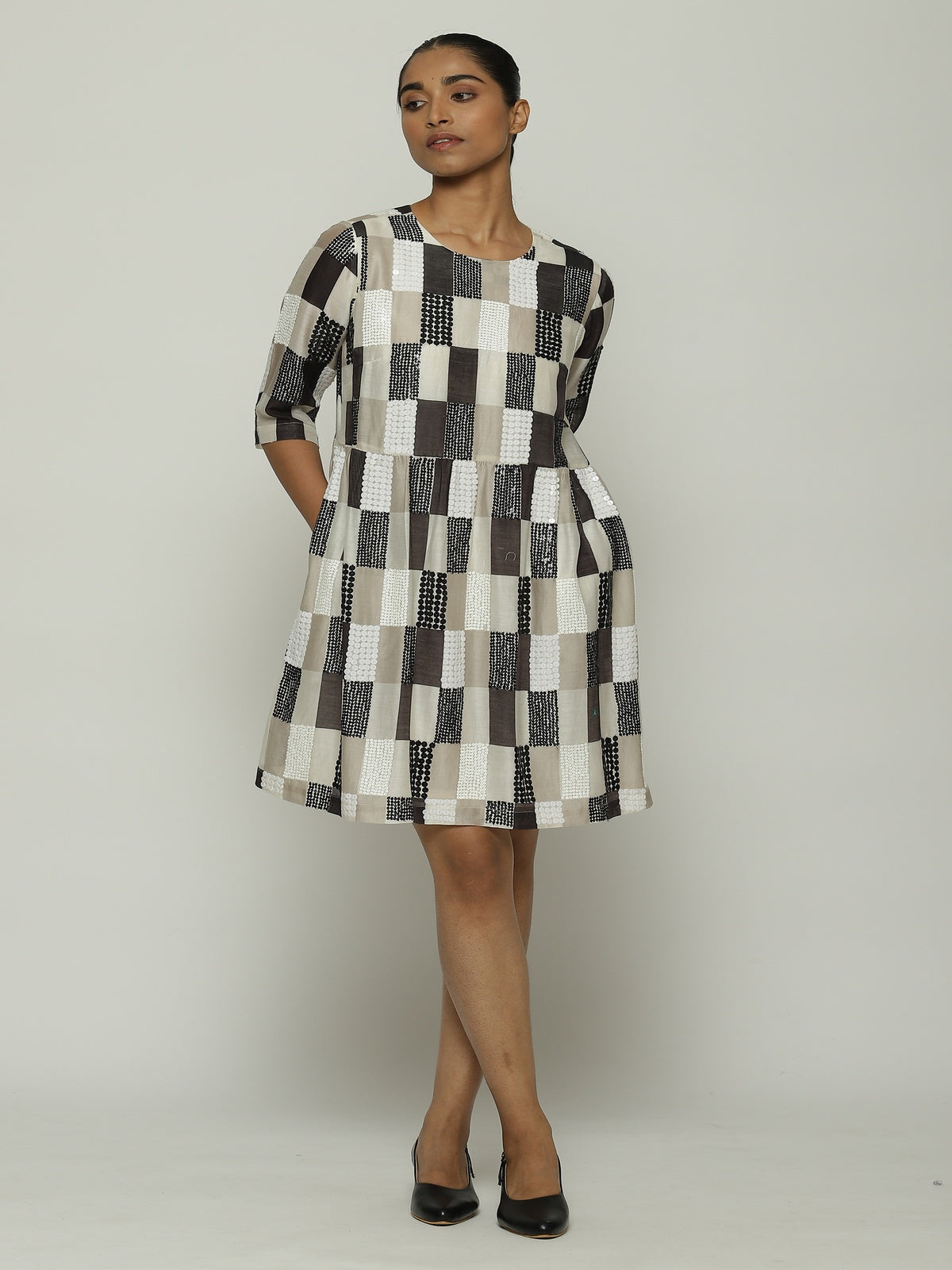 Print & Sequins Blocks (B/W) Dress