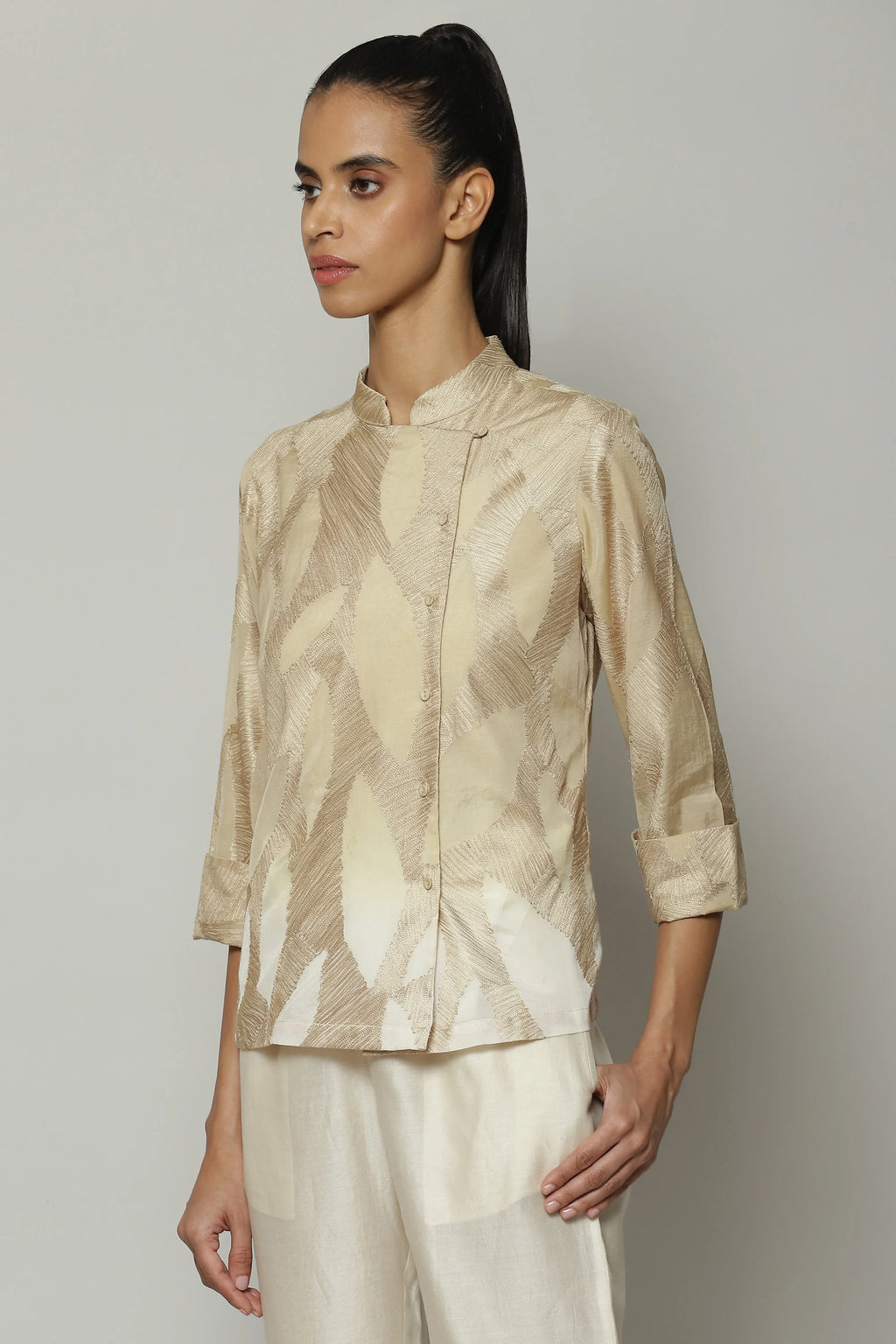 Ombre Crewel Embroidered Voile Shirt Parchment