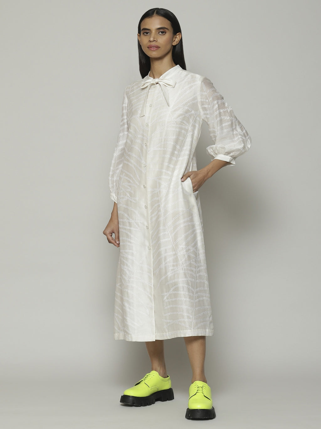 Fern Crewel Embroidered Silk X Cotton Tunic Ivory