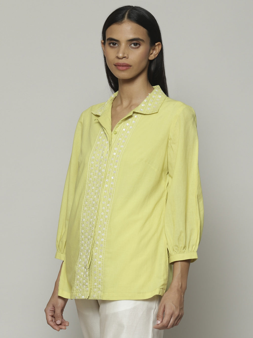 Mother Of Pearl Embroidered Cambric Shirt Lime