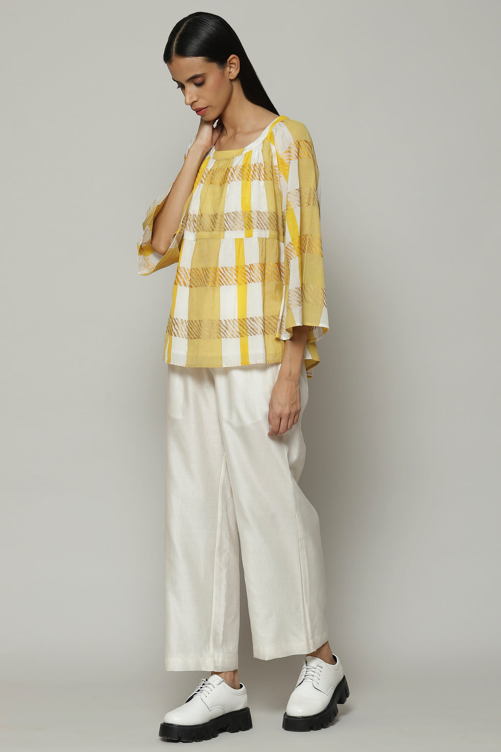 Block Printed Embroiered Luxe Voile Top Apricot