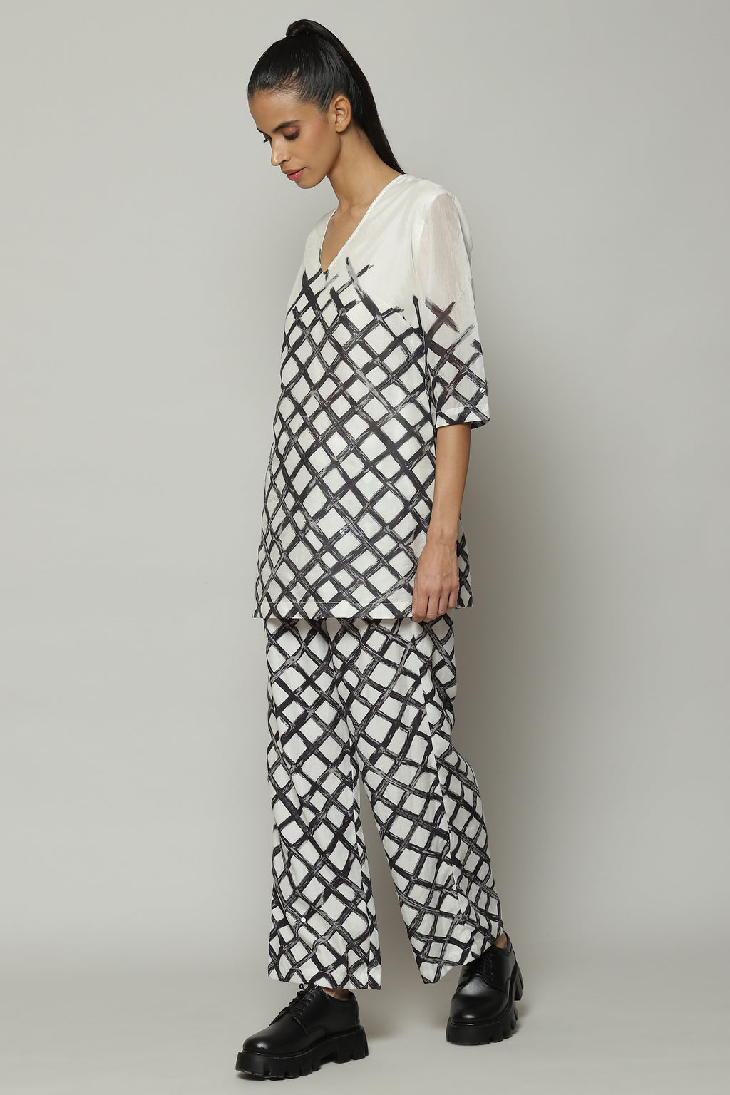Lattice Printed Luxe Voile Tunic Ivory Black