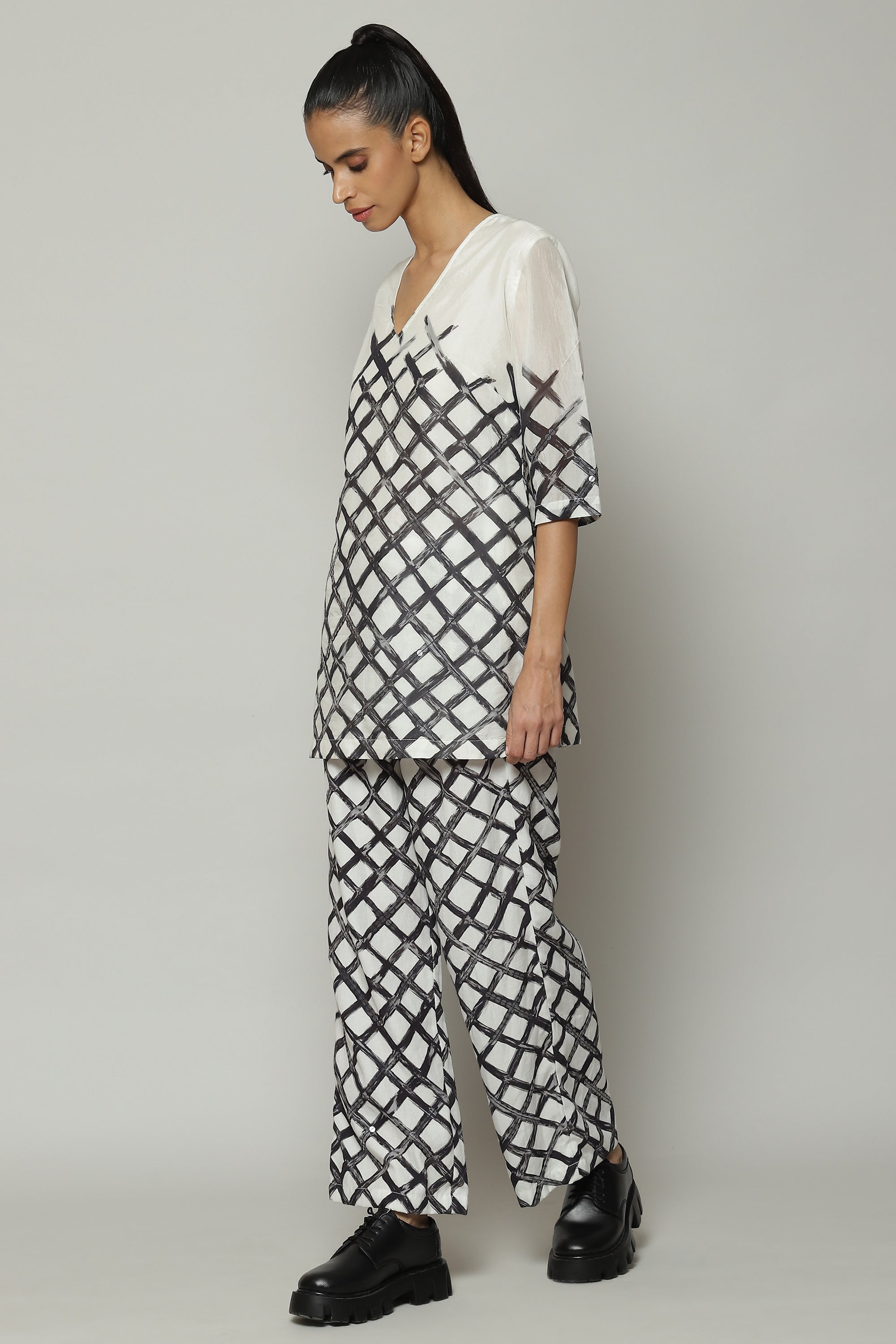 Lattice Printed Luxe Voile Tunic Ivory Black