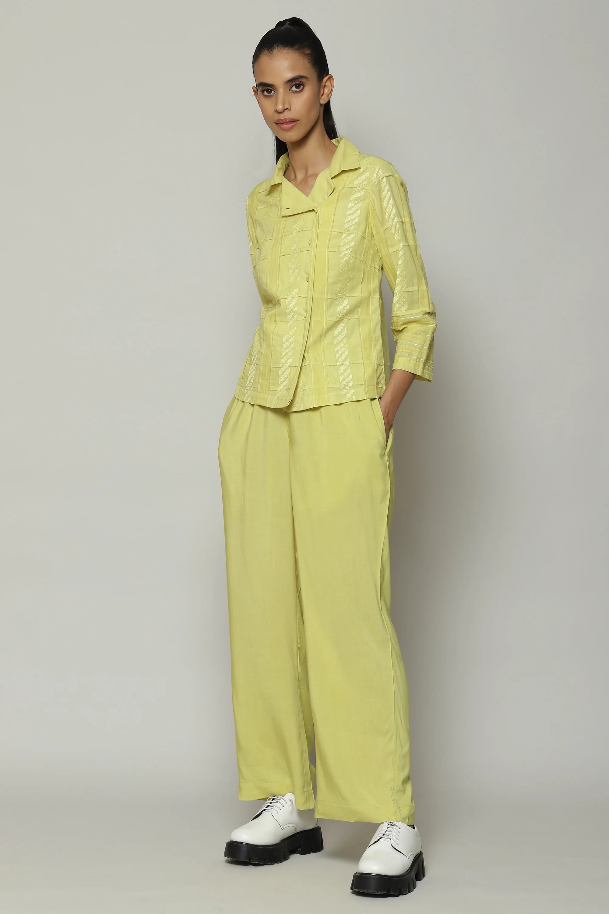 Patchwork Embroidered Cambric Shirt Lime