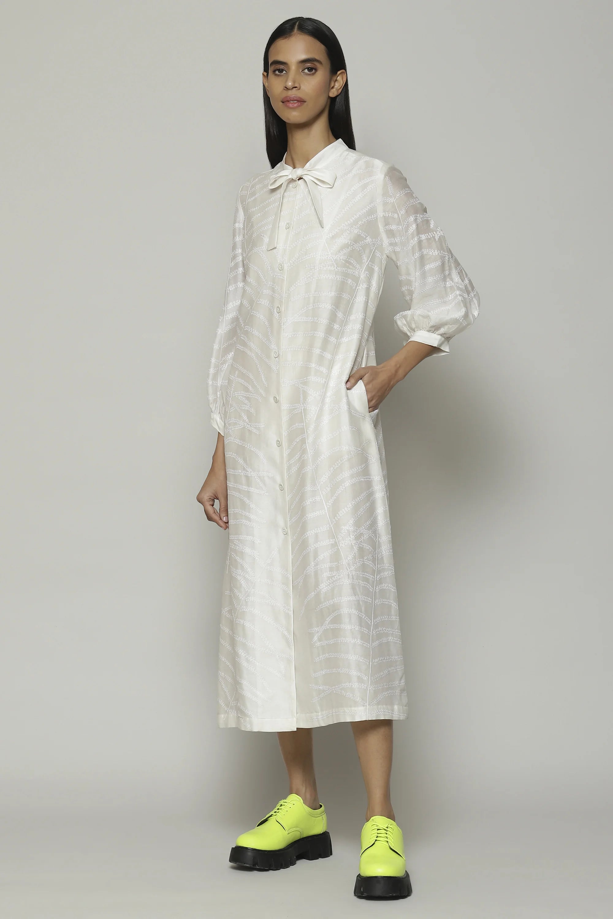 Fern Crewel Embroidered Silk X Cotton Tunic Ivory
