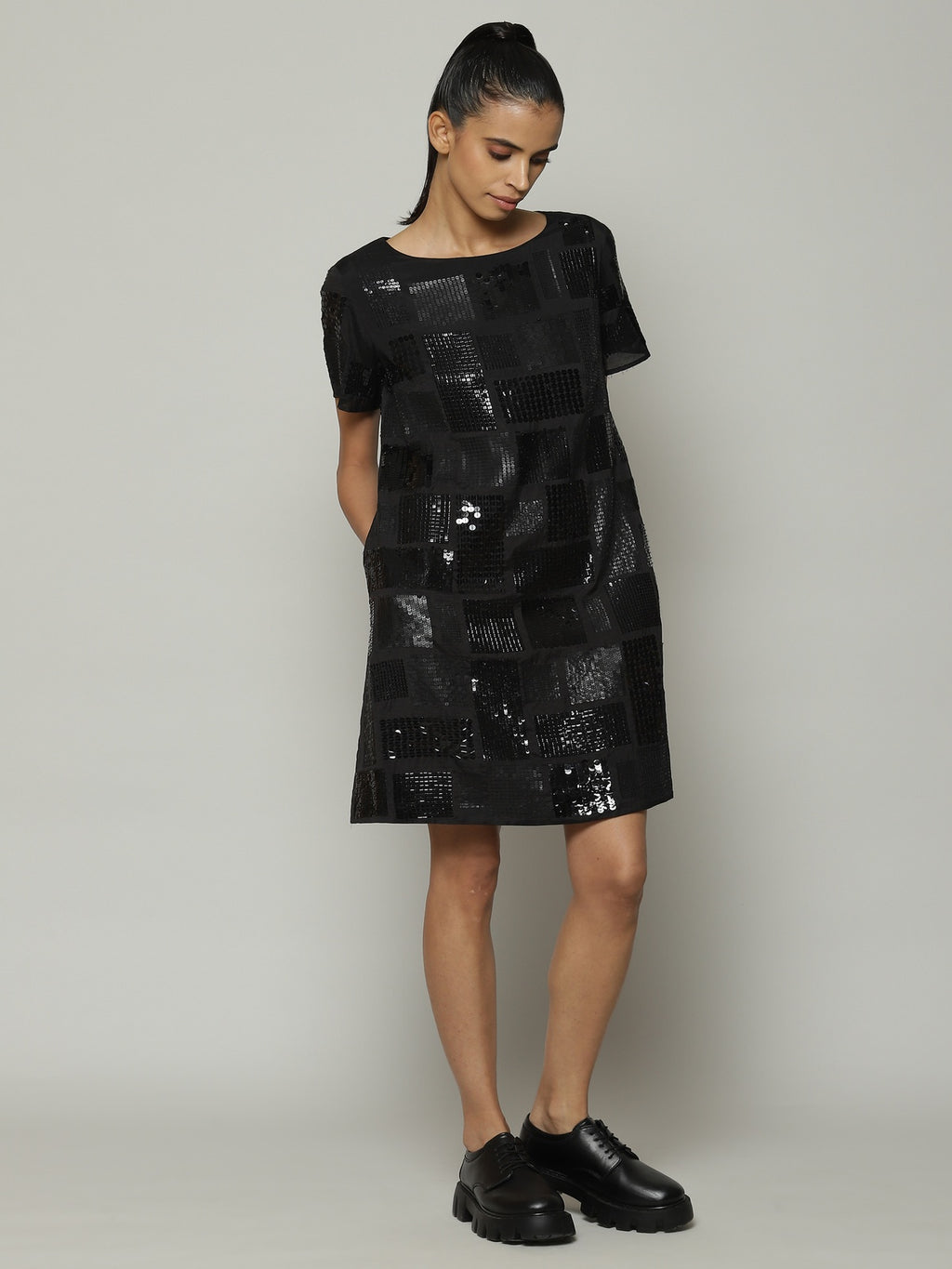 Square Sequin Luxe Voile Dress Black