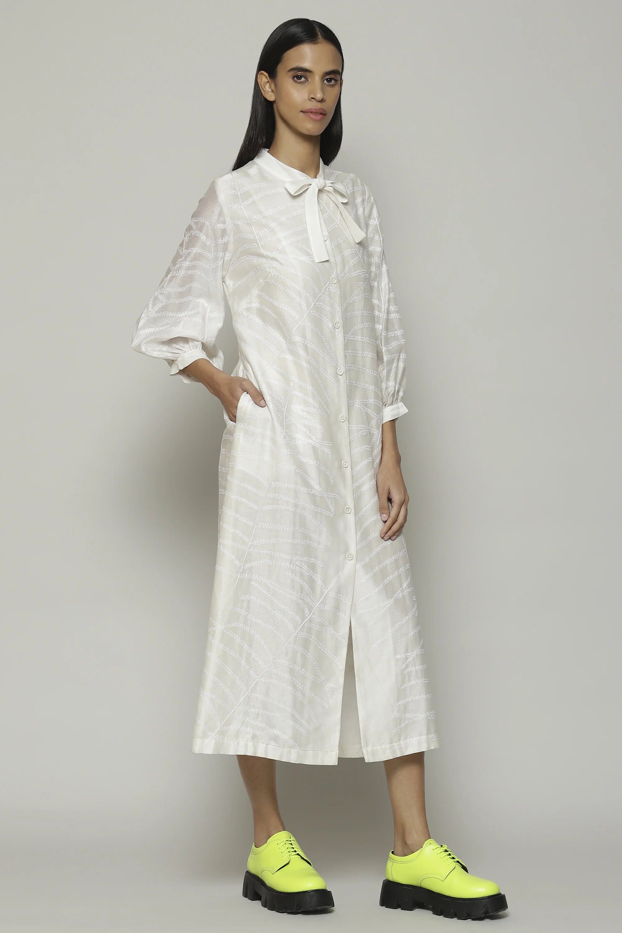 Fern Crewel Embroidered Silk X Cotton Tunic Ivory