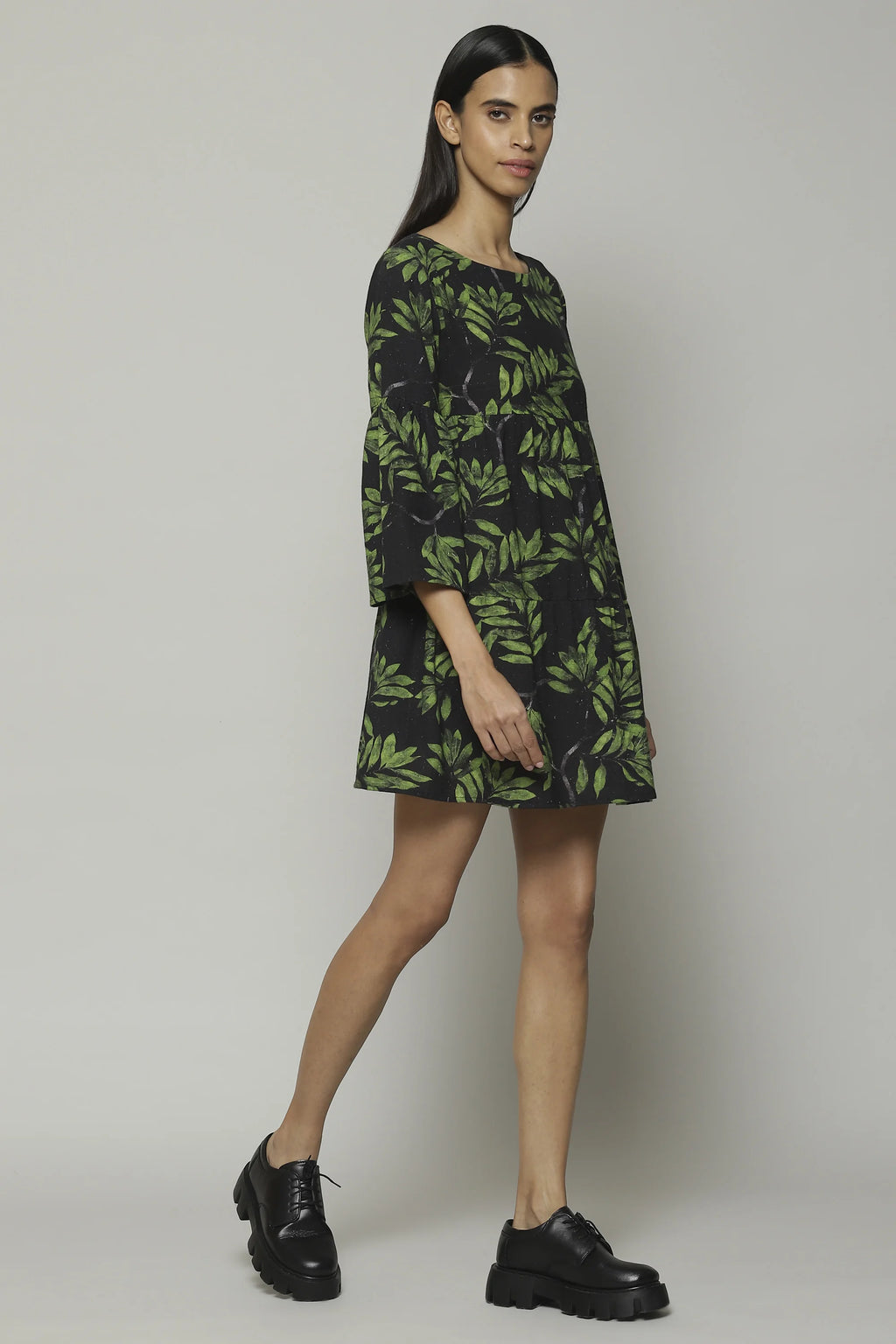 Leaf Print Handspun Handwoven Cotton Dress Black