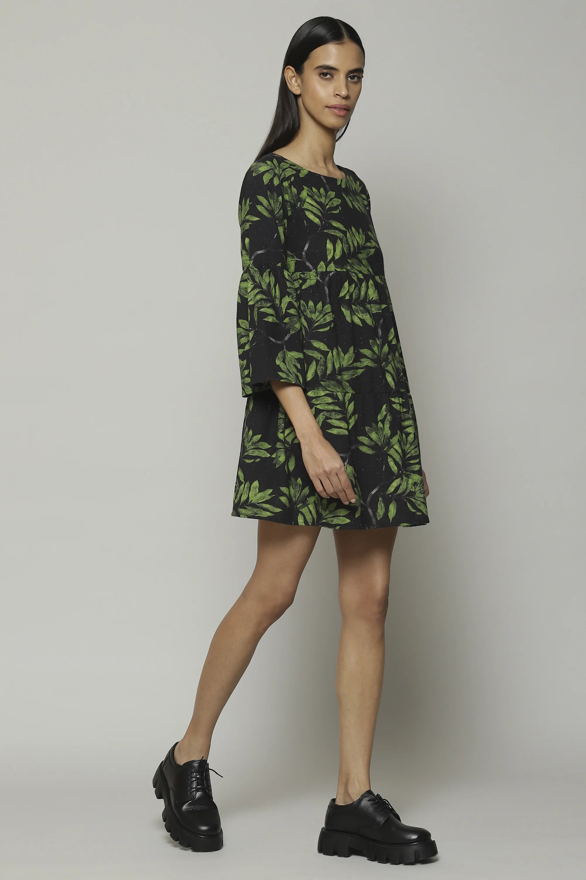 Leaf Print Handspun Handwoven Cotton Dress Black