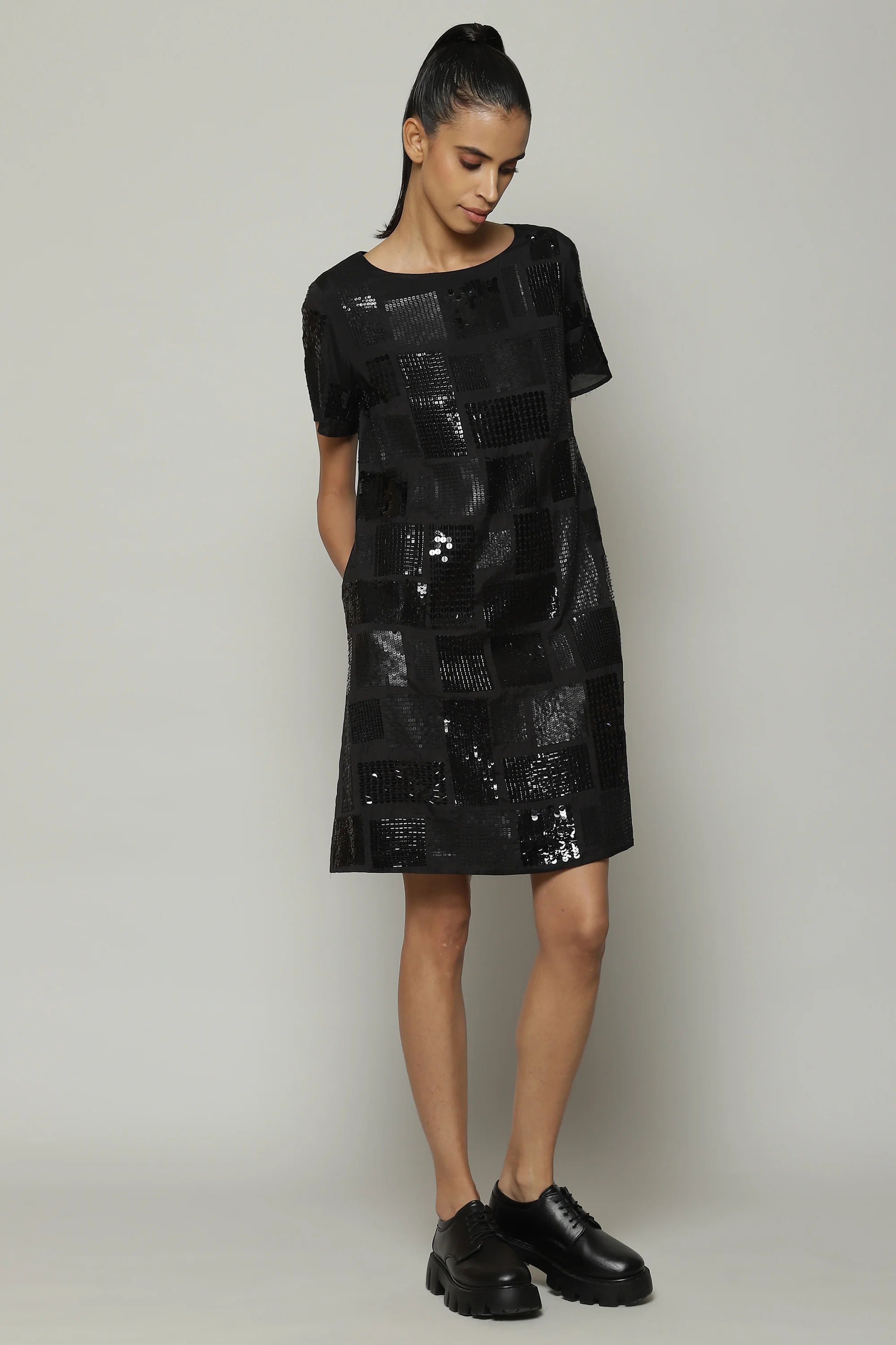 Square Sequin Luxe Voile Dress Black