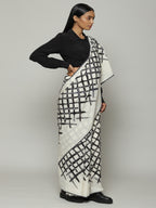 Lattice Printed Hand Woven Cotton Saree Black