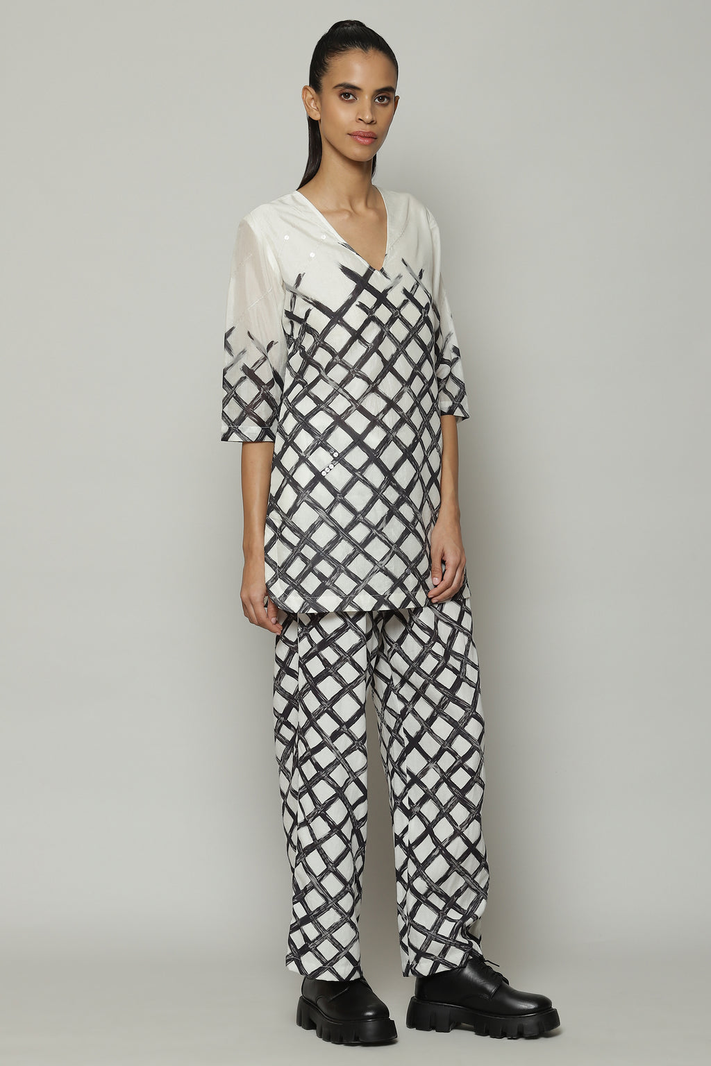Lattice Printed Luxe Voile Tunic Ivory Black