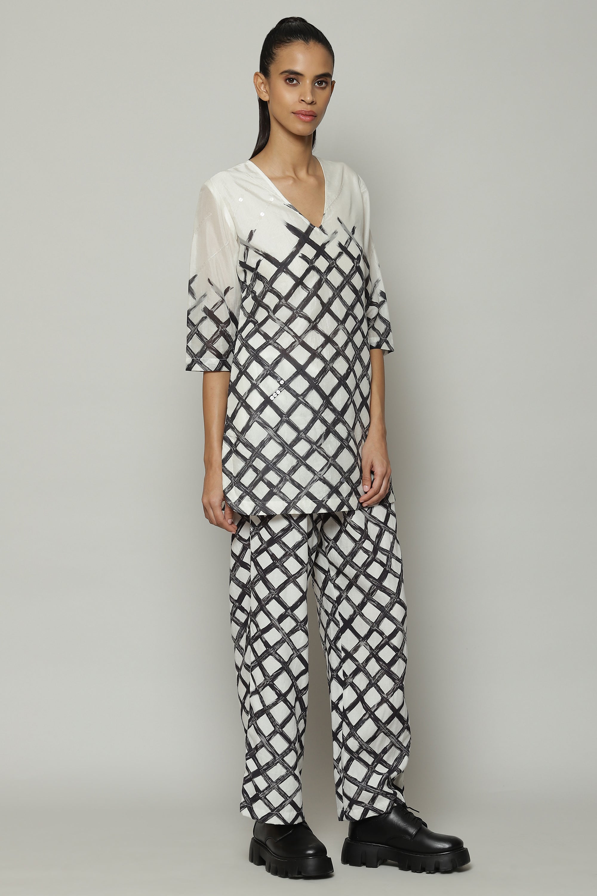 Lattice Printed Luxe Voile Tunic Ivory Black