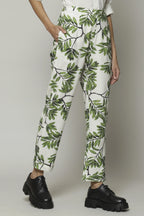 Leaf Print Handspun Handwoven Cotton Pant Ivory