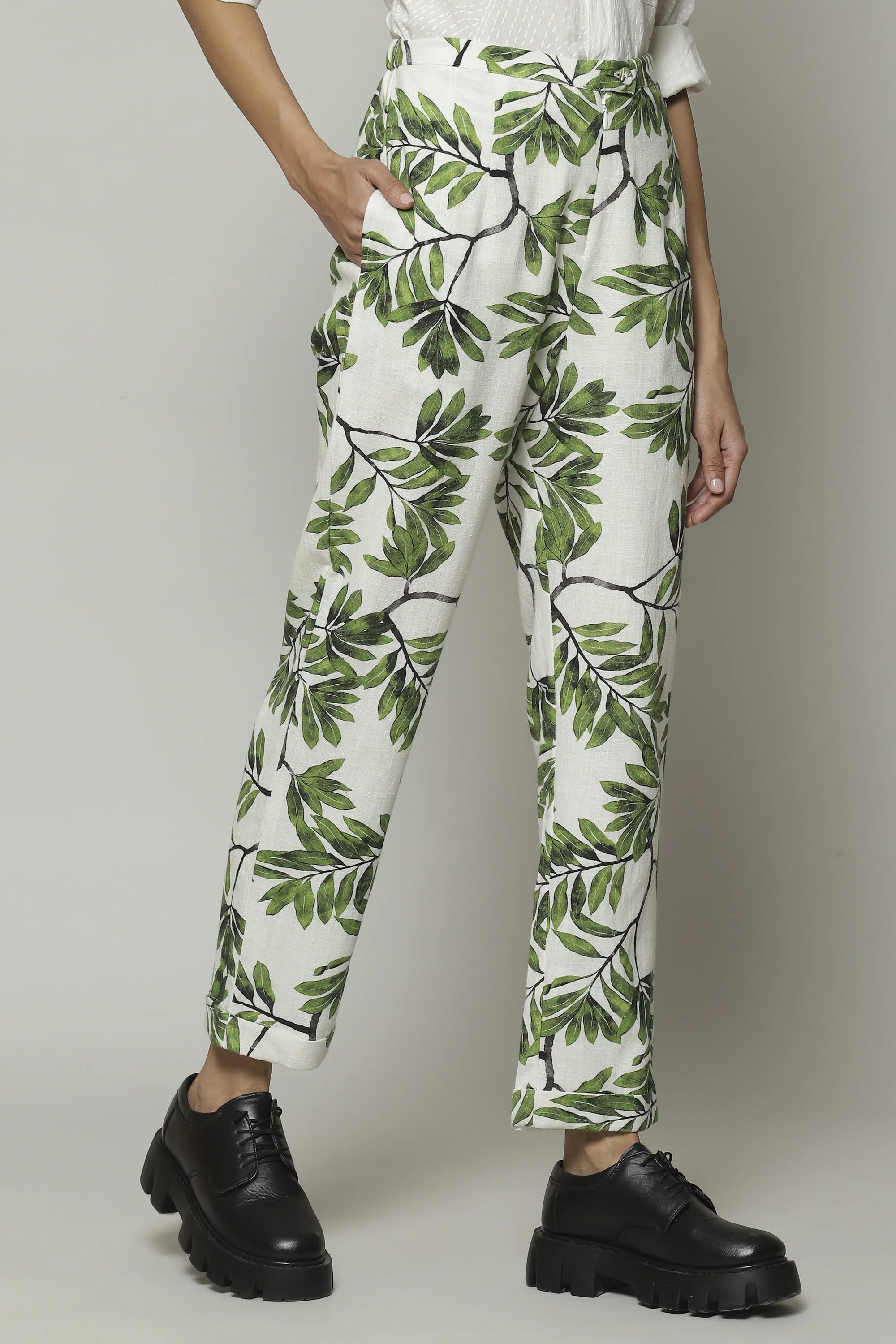 Leaf Print Handspun Handwoven Cotton Pant Ivory