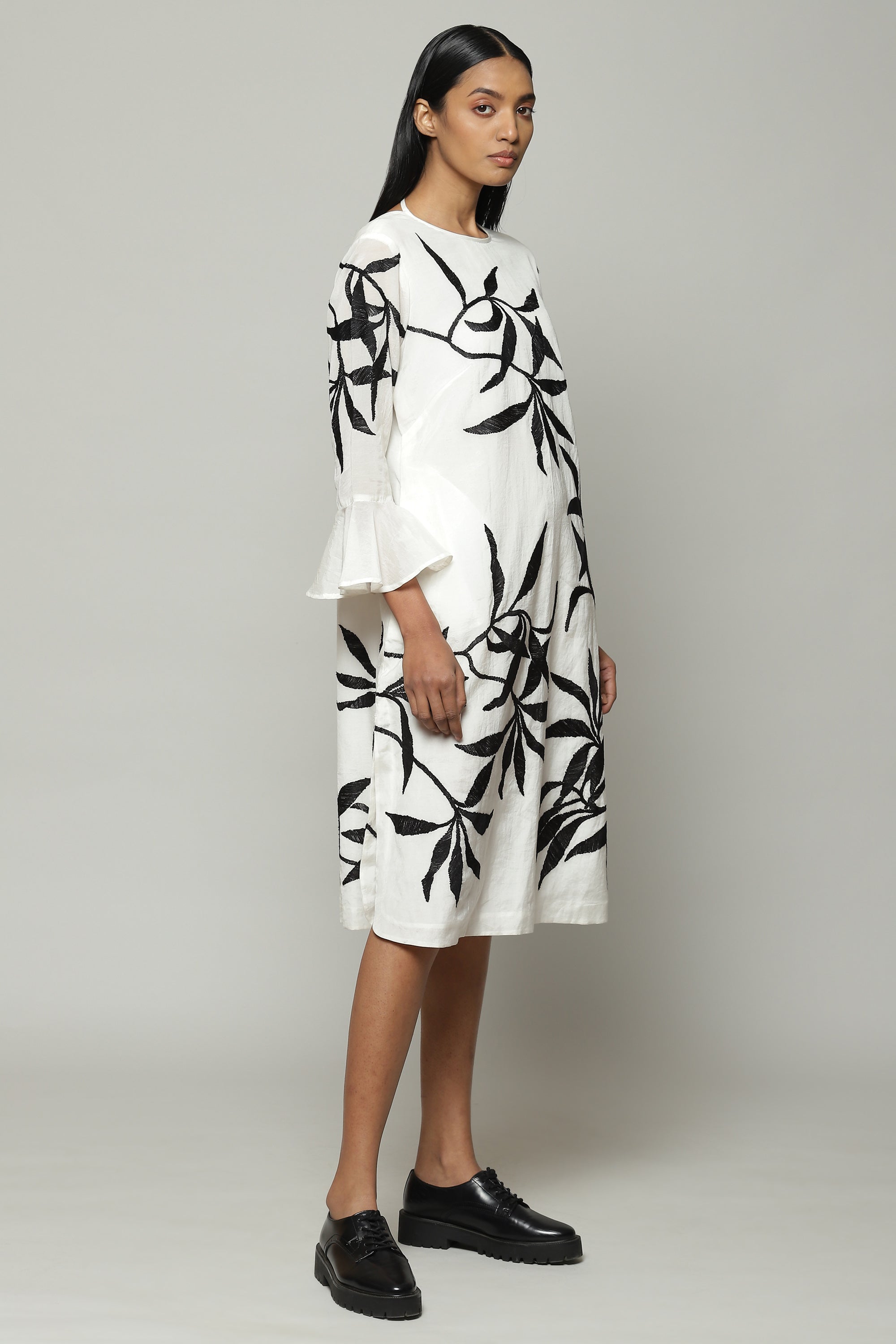 Leaf Crewel Embroidered Luxe Voile Dress Ivory