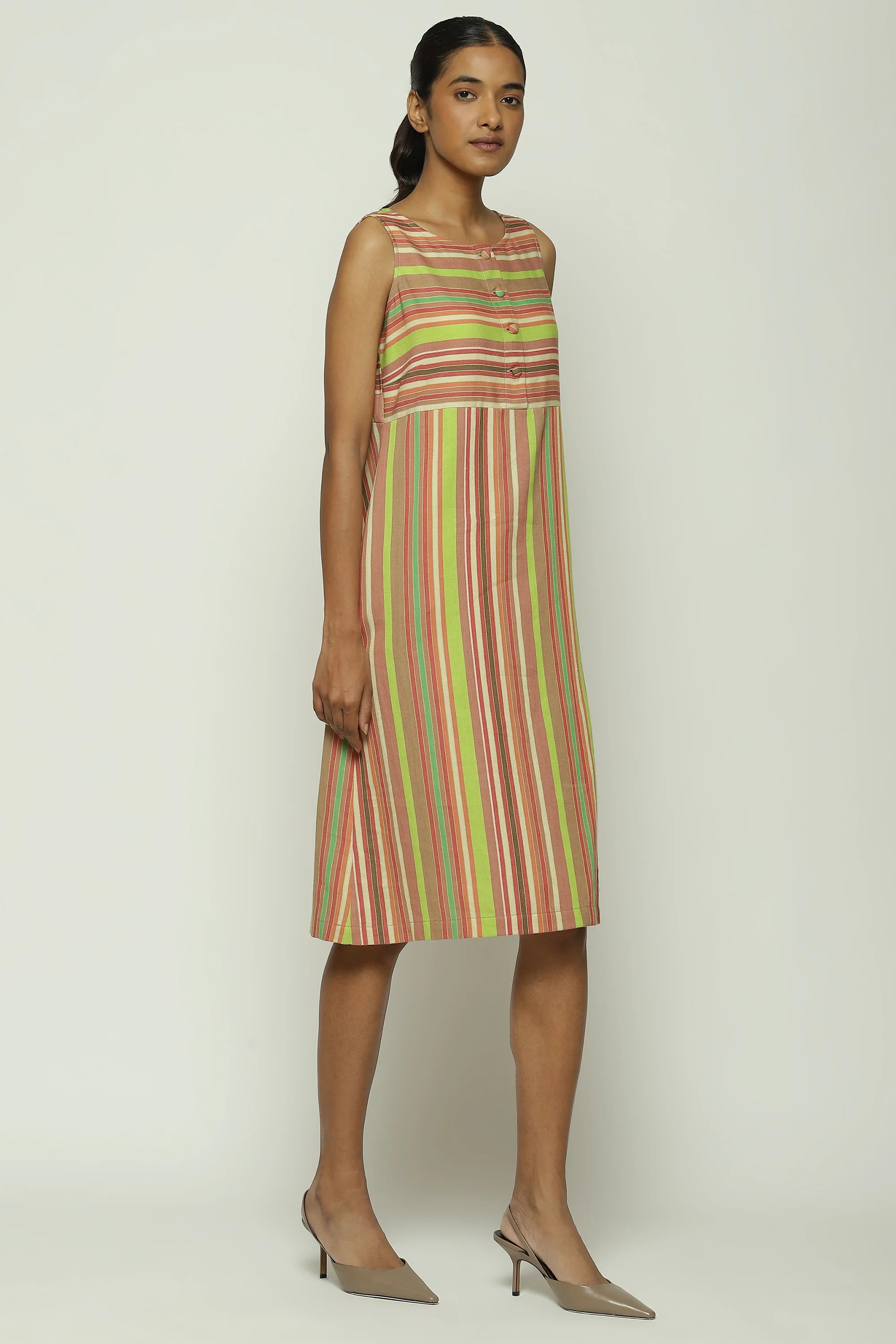 Green Multicolour Woven Stripes Dress