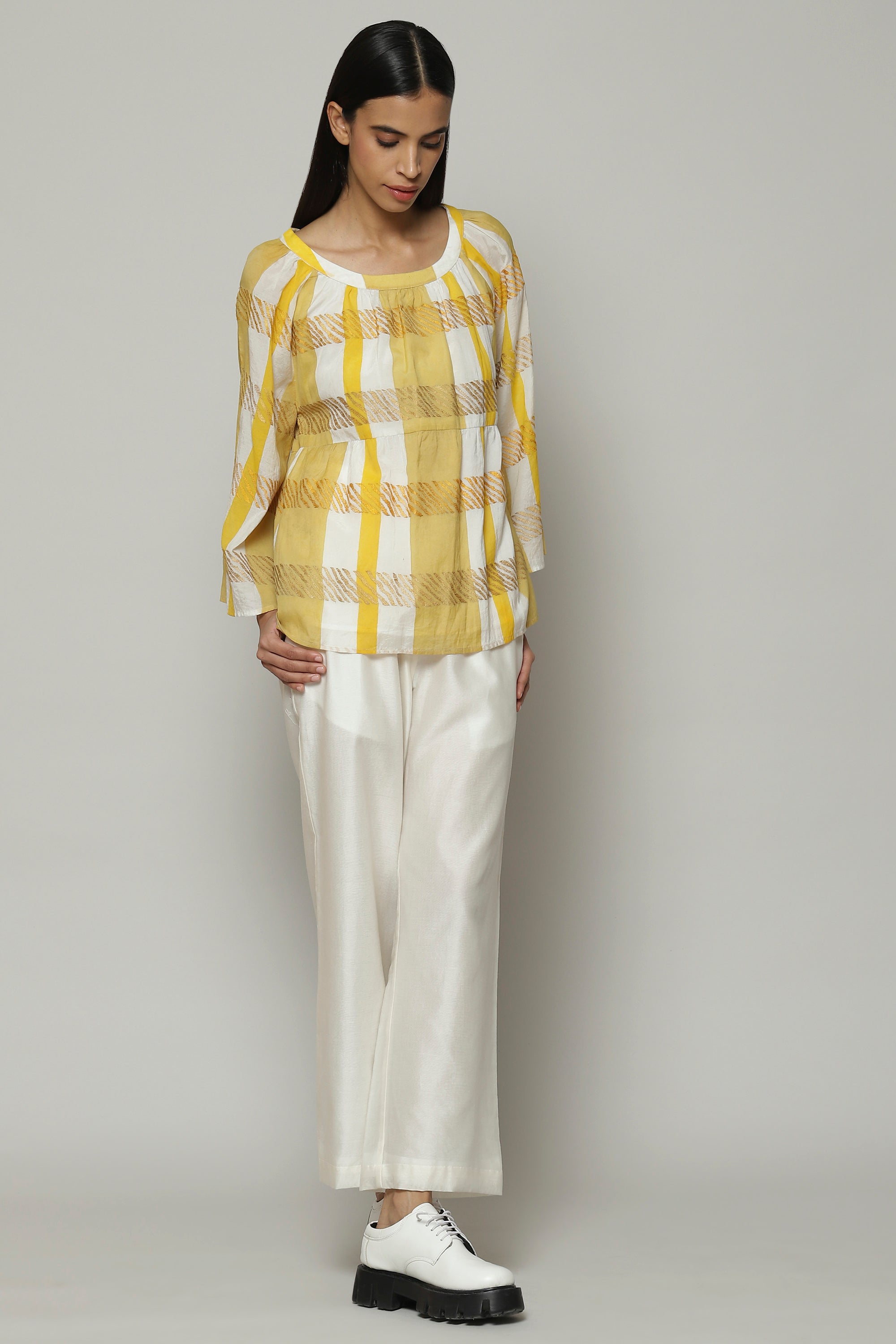 Block Printed Embroiered Luxe Voile Top Apricot
