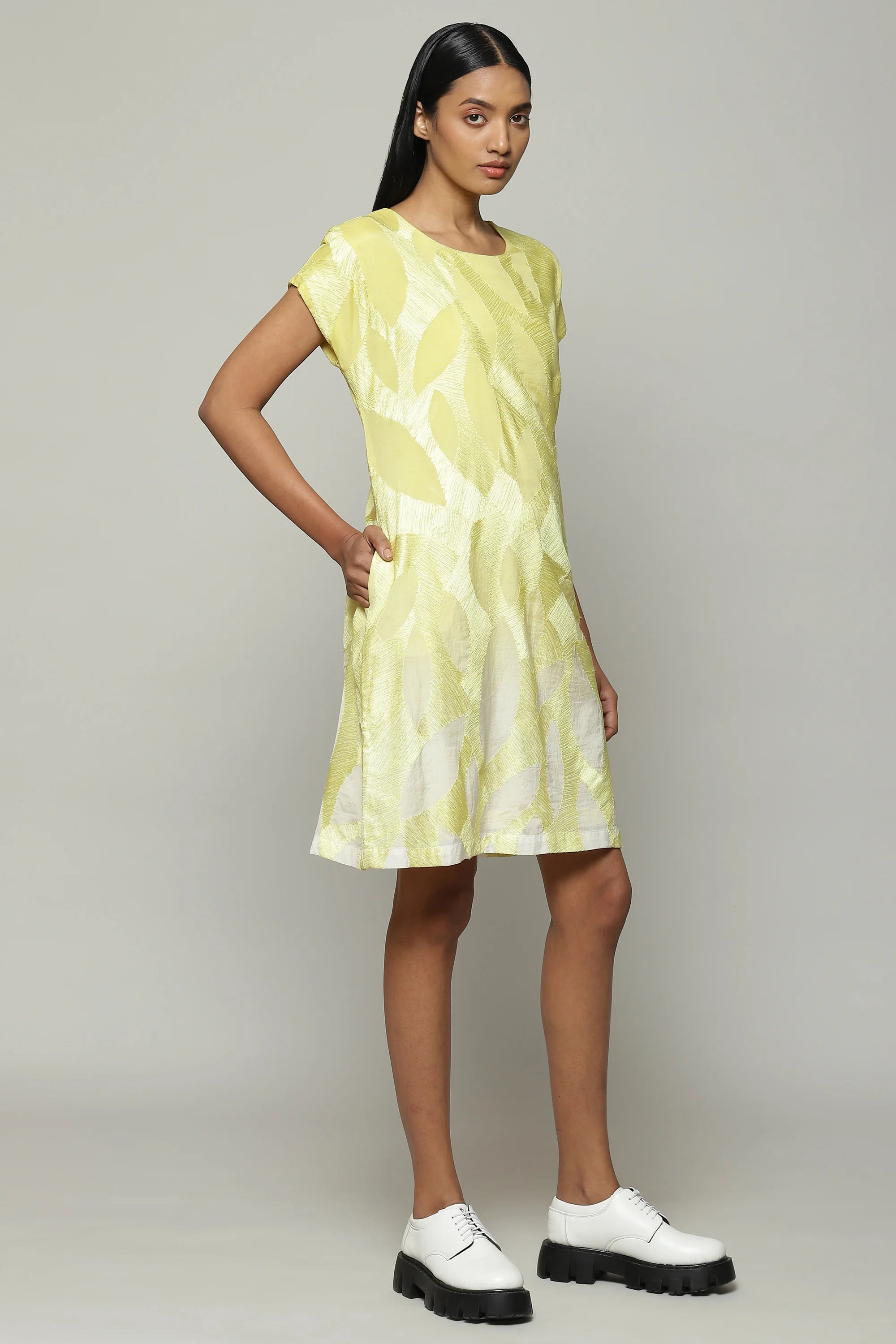 Ombre Crewel Embroidered Luxe Voile Dress Lime