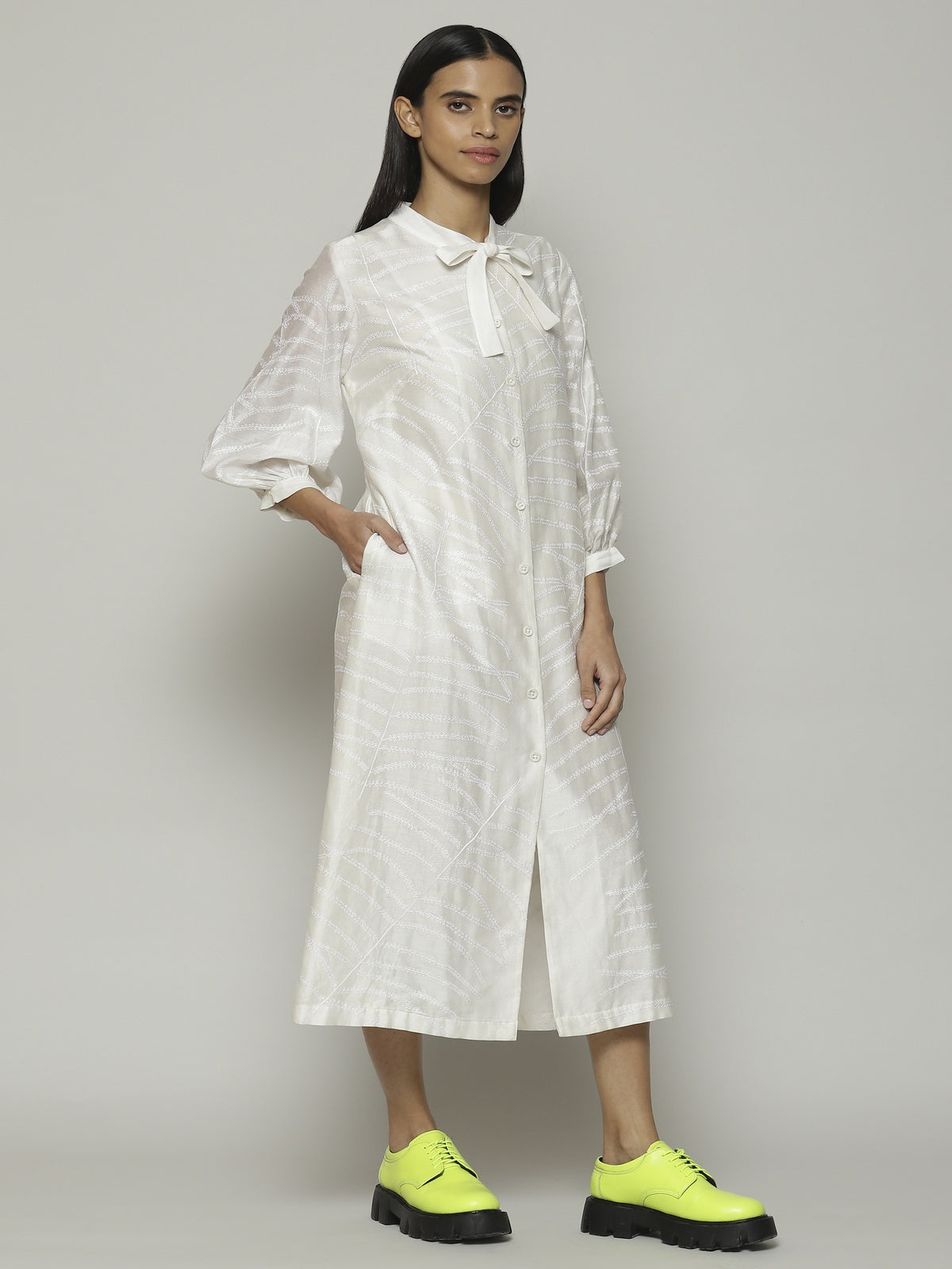 Fern Crewel Embroidered Silk X Cotton Tunic Ivory