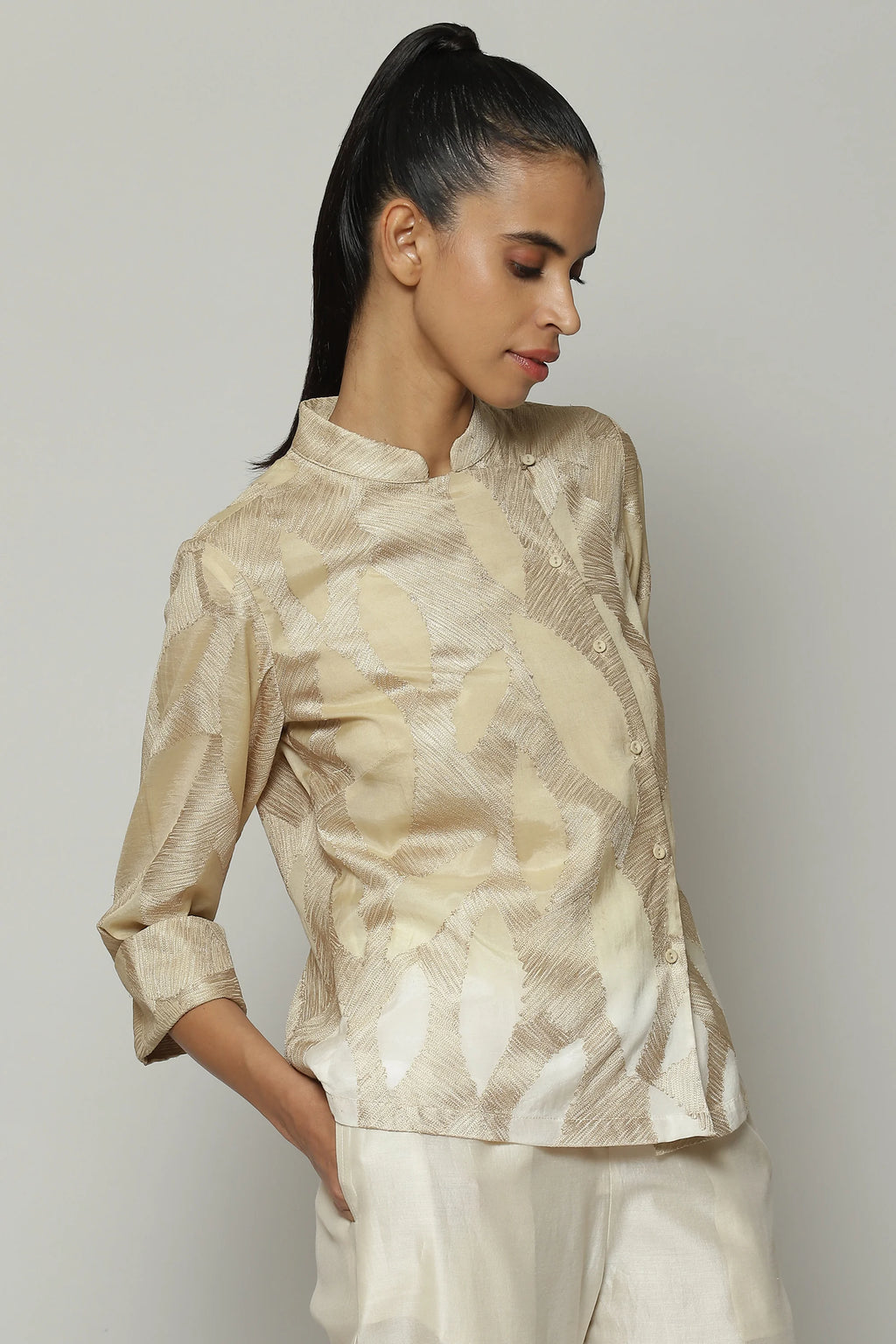Ombre Crewel Embroidered Voile Shirt Parchment