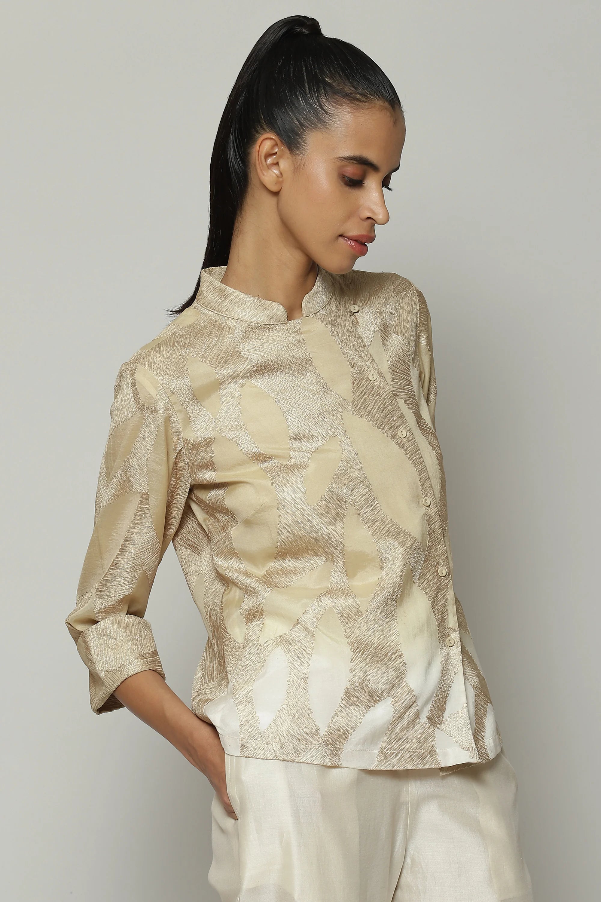 Ombre Crewel Embroidered Voile Shirt Parchment